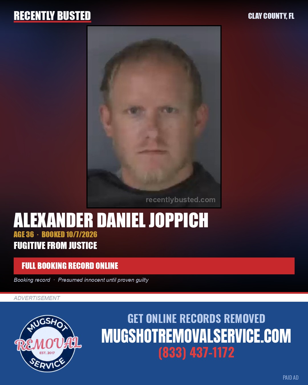 ALEXANDER DANIEL JOPPICH — arrest record card, Clay County, Florida