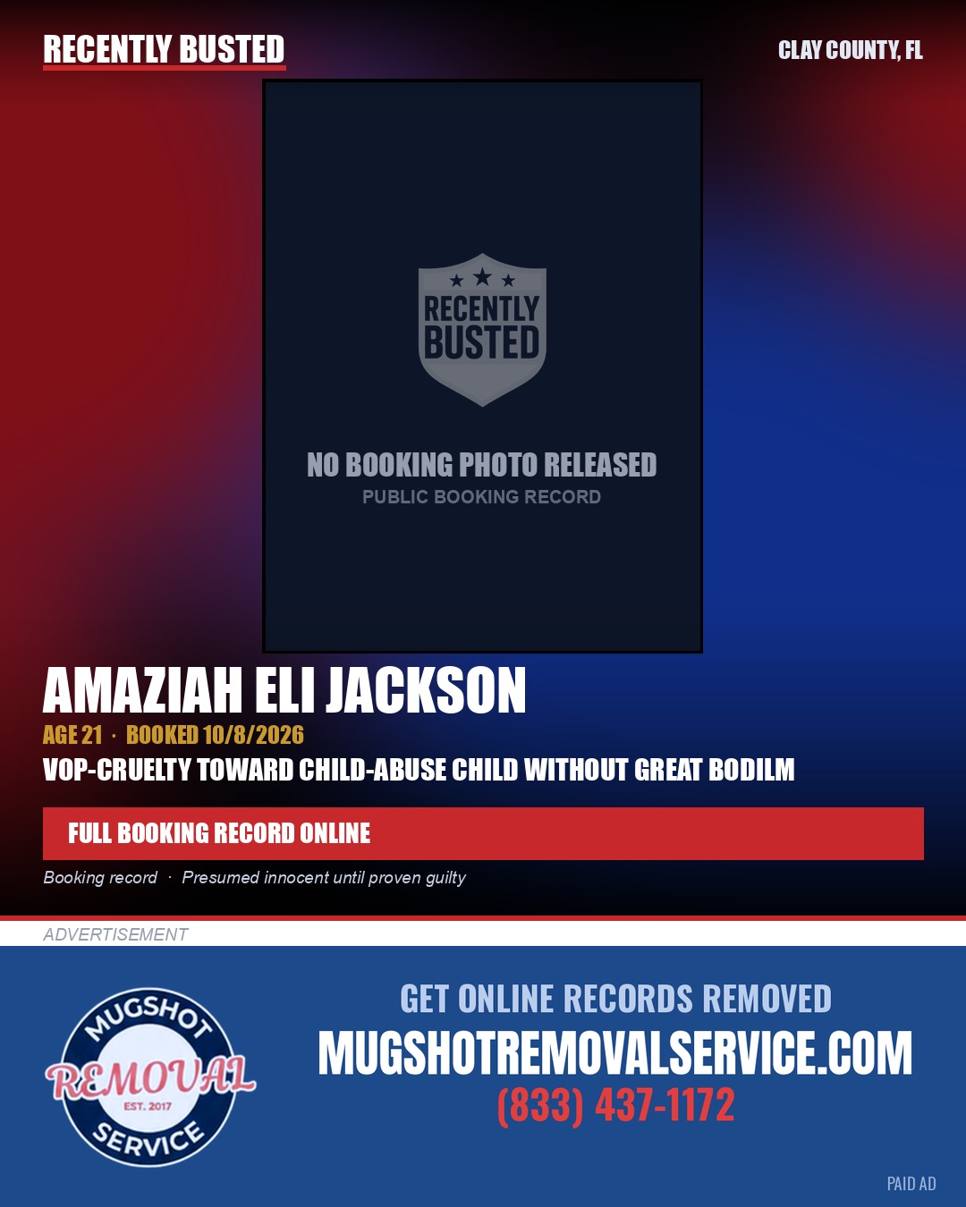 AMAZIAH ELI JACKSON — arrest record card, Clay County, Florida
