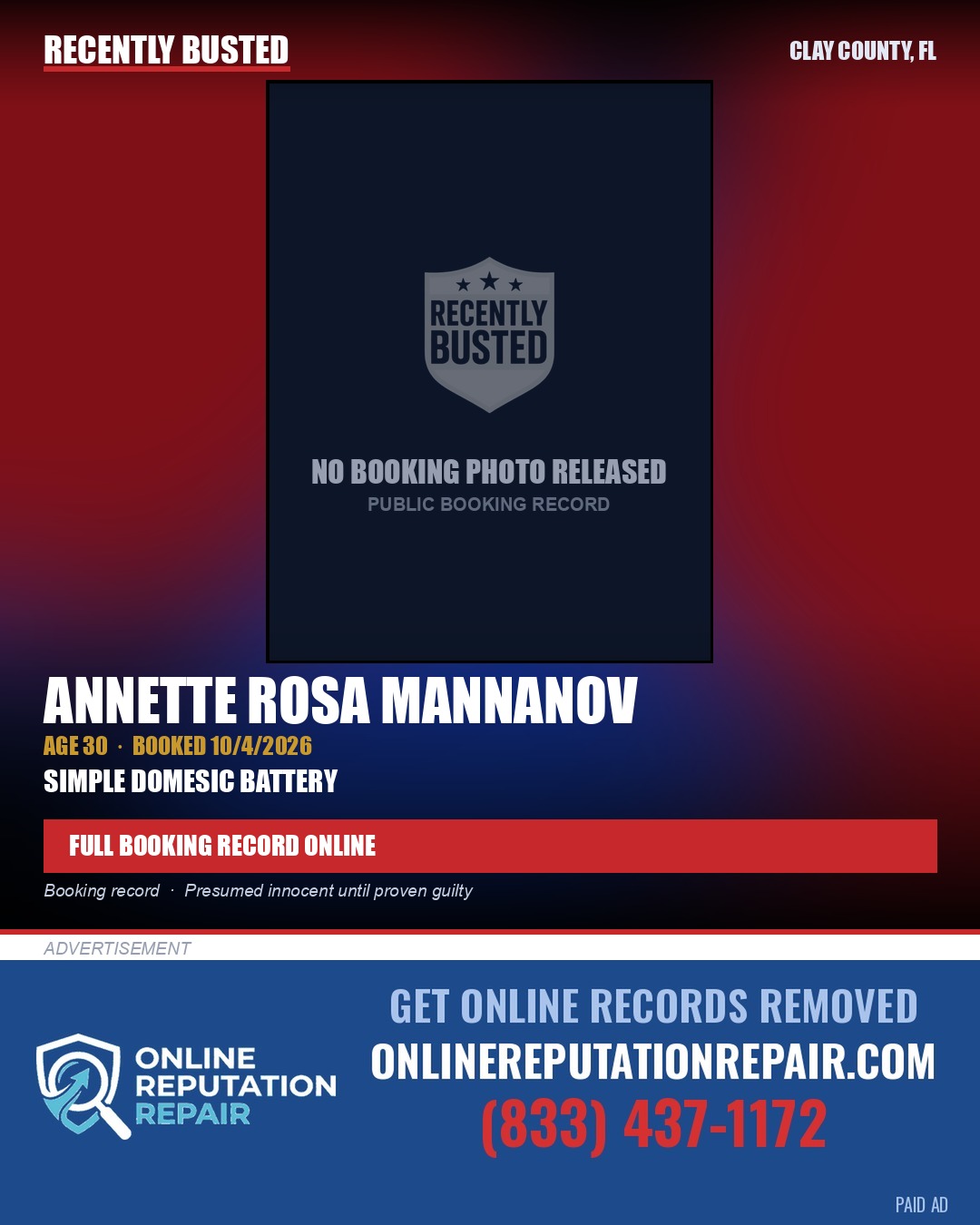 ANNETTE ROSA MANNANOV — arrest record card, Clay County, Florida