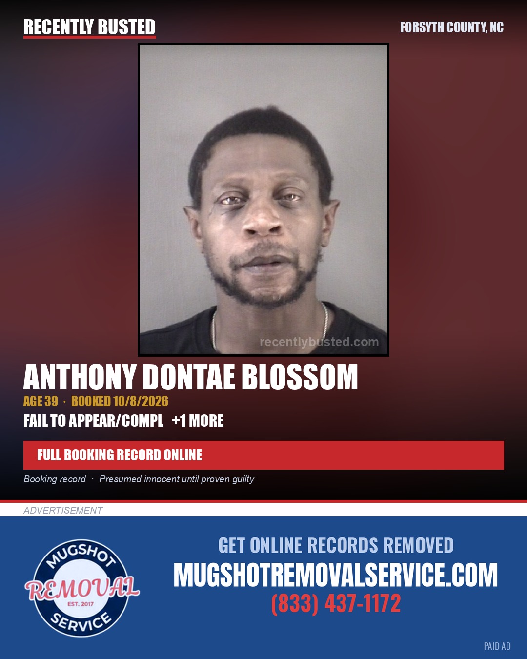 ANTHONY DONTAE BLOSSOM — arrest record card, Forsyth County, North Carolina