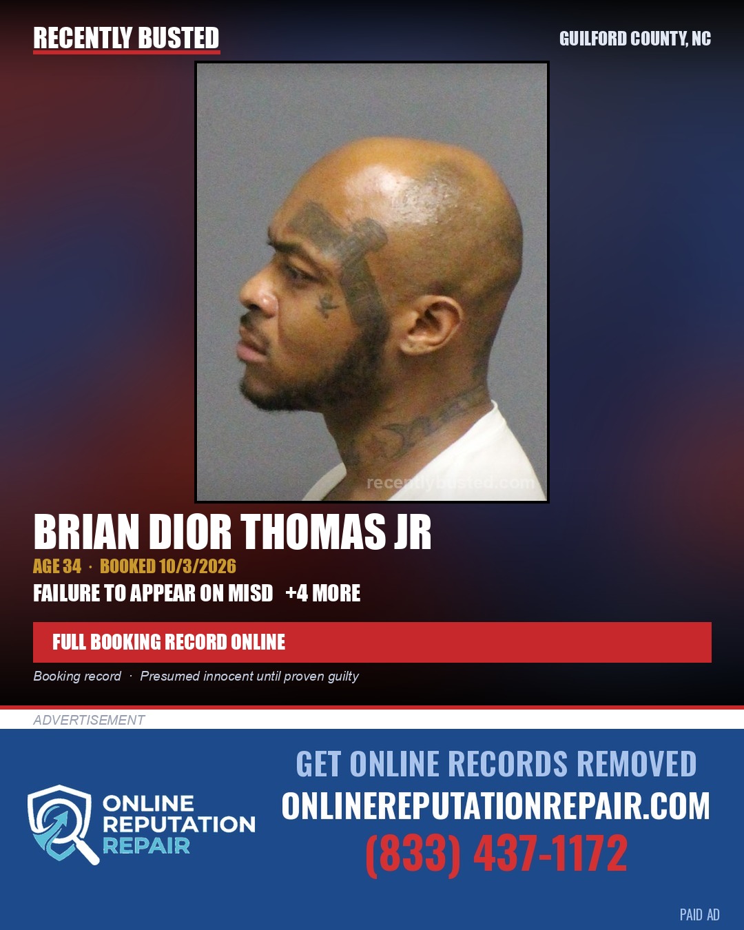 BRIAN DIOR THOMAS JR — arrest record card, Guilford County, North Carolina