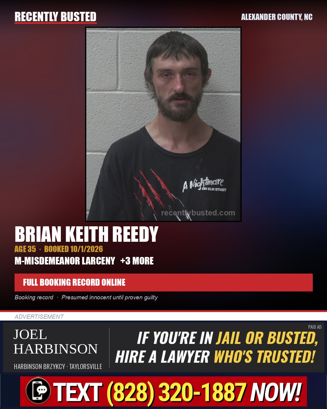 BRIAN KEITH REEDY — arrest record card, Alexander County, North Carolina