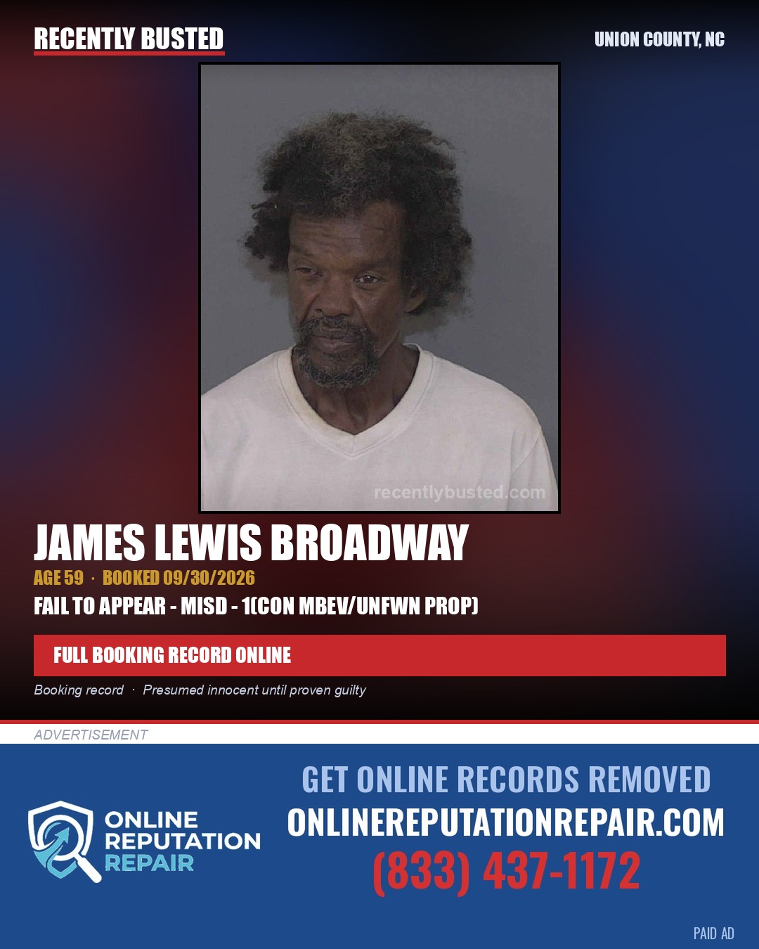 BROADWAY, JAMES LEWIS — arrest record card, Union County, North Carolina