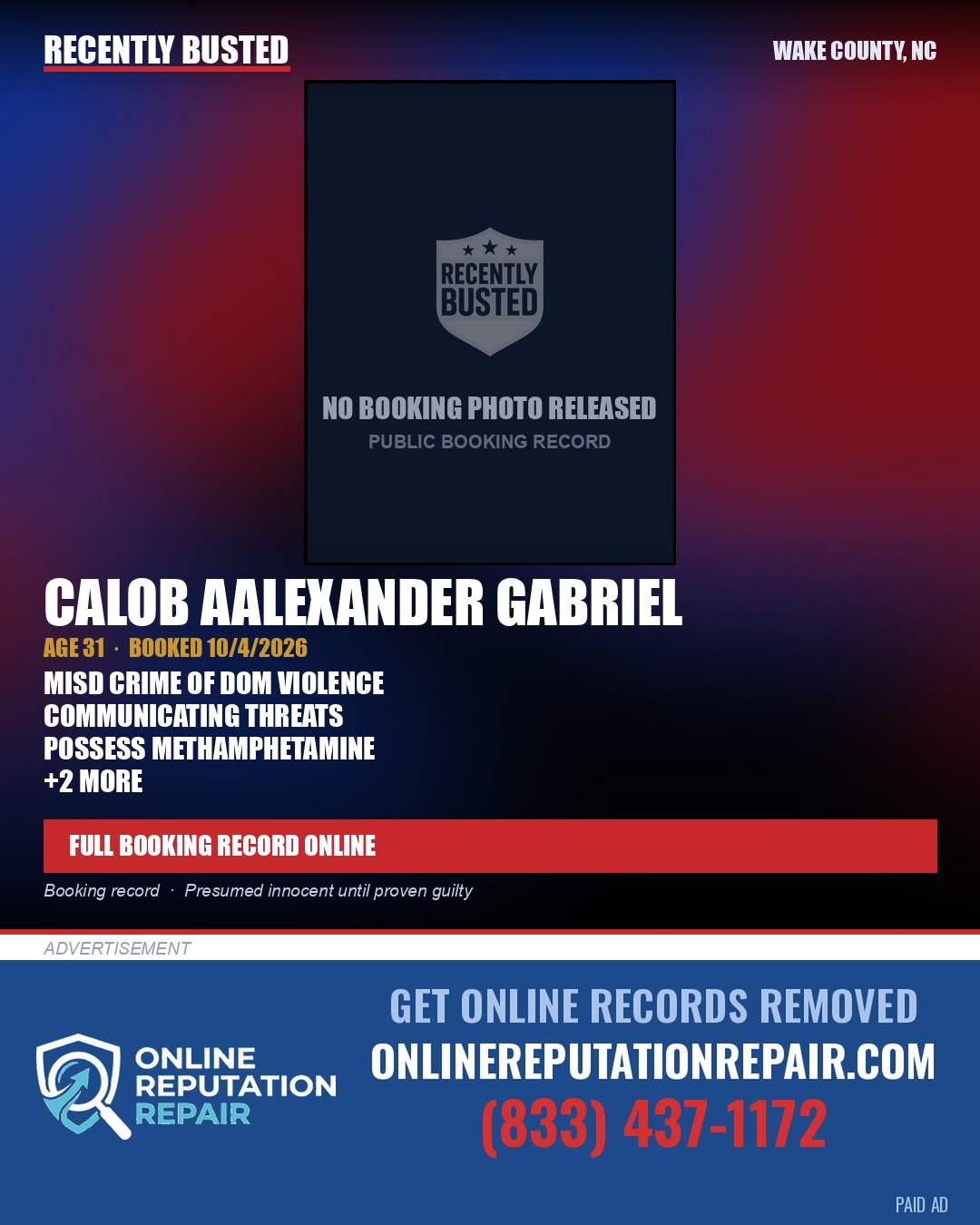 CALOB AALEXANDER GABRIEL — arrest record card, Wake County, North Carolina