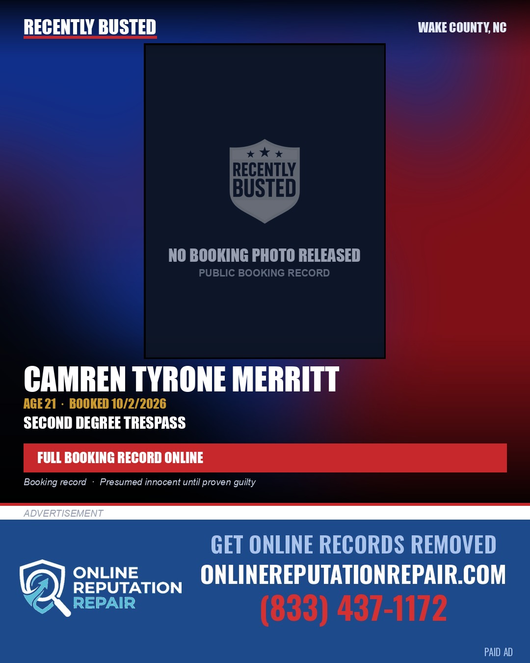 CAMREN TYRONE MERRITT — arrest record card, Wake County, North Carolina