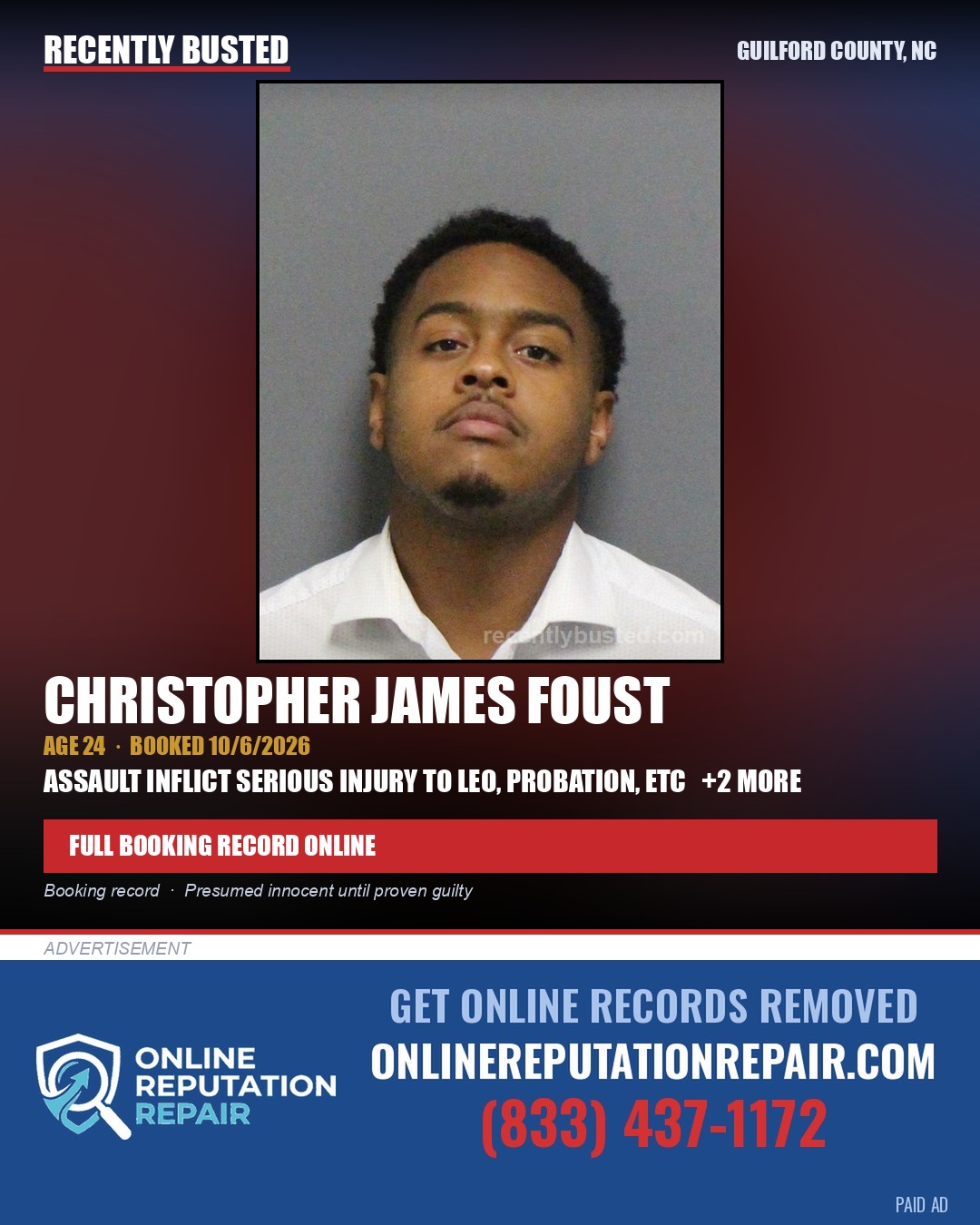 CHRISTOPHER JAMES FOUST — arrest record card, Guilford County, North Carolina