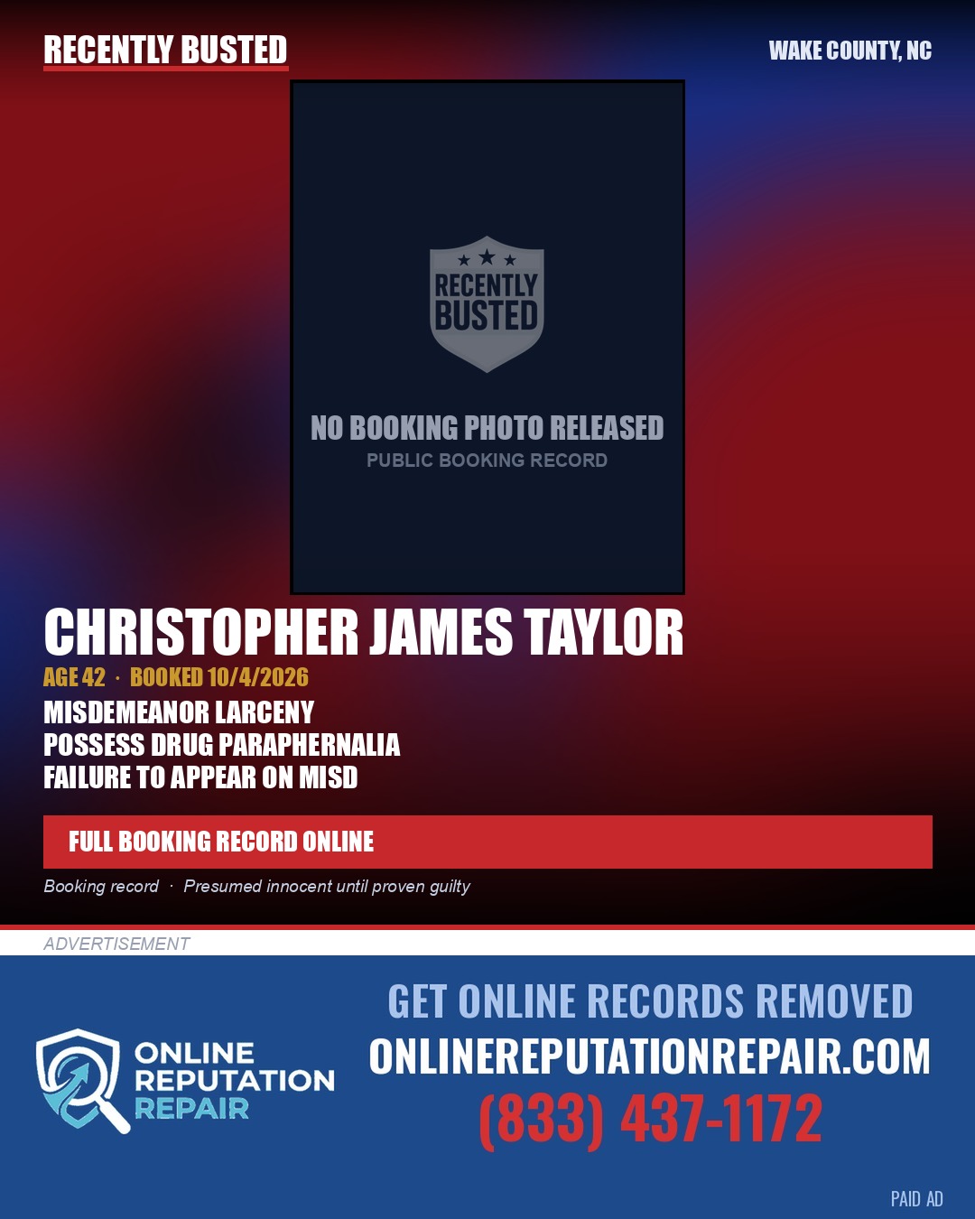 CHRISTOPHER JAMES TAYLOR — arrest record card, Wake County, North Carolina