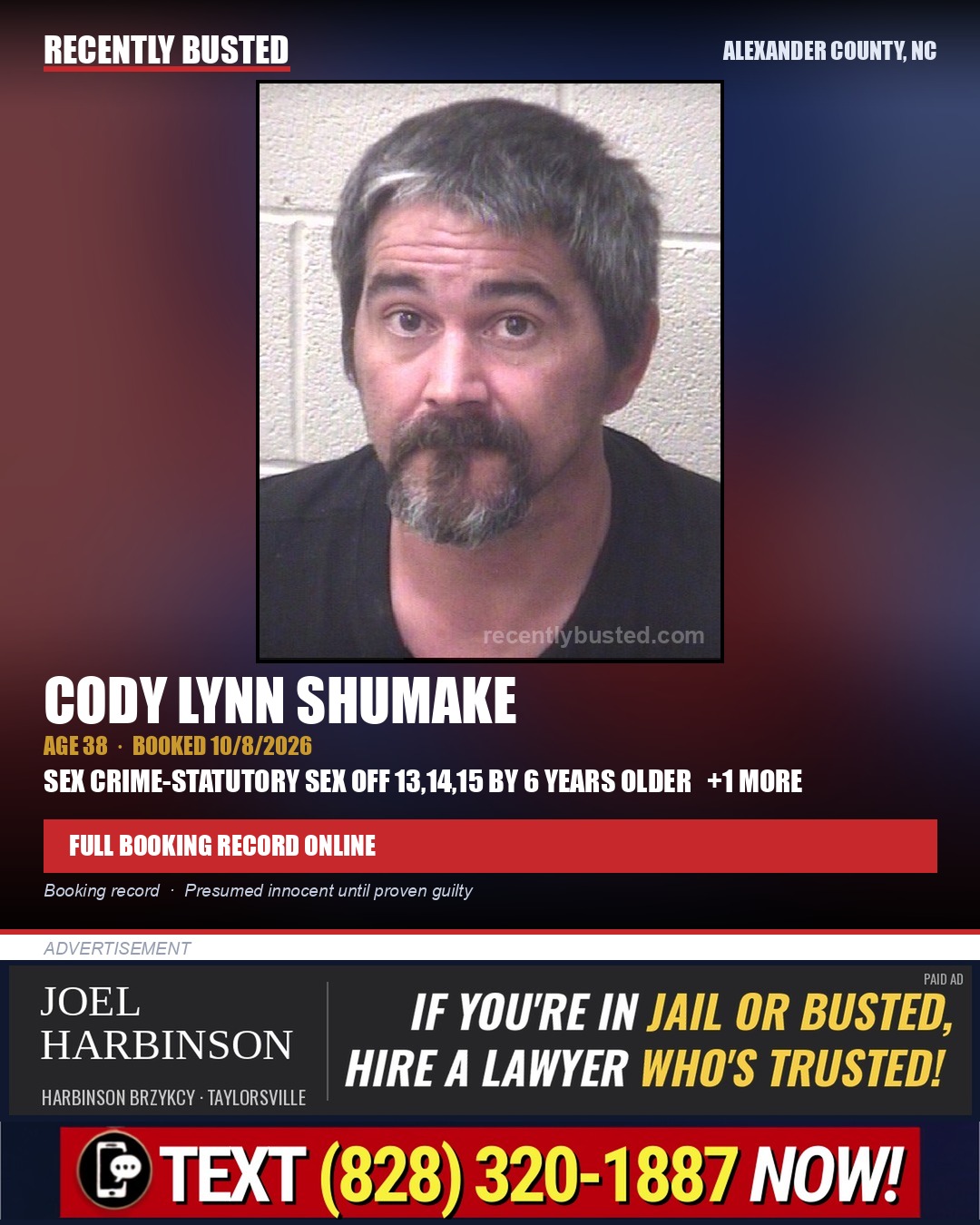 CODY LYNN SHUMAKE — arrest record card, Alexander County, North Carolina