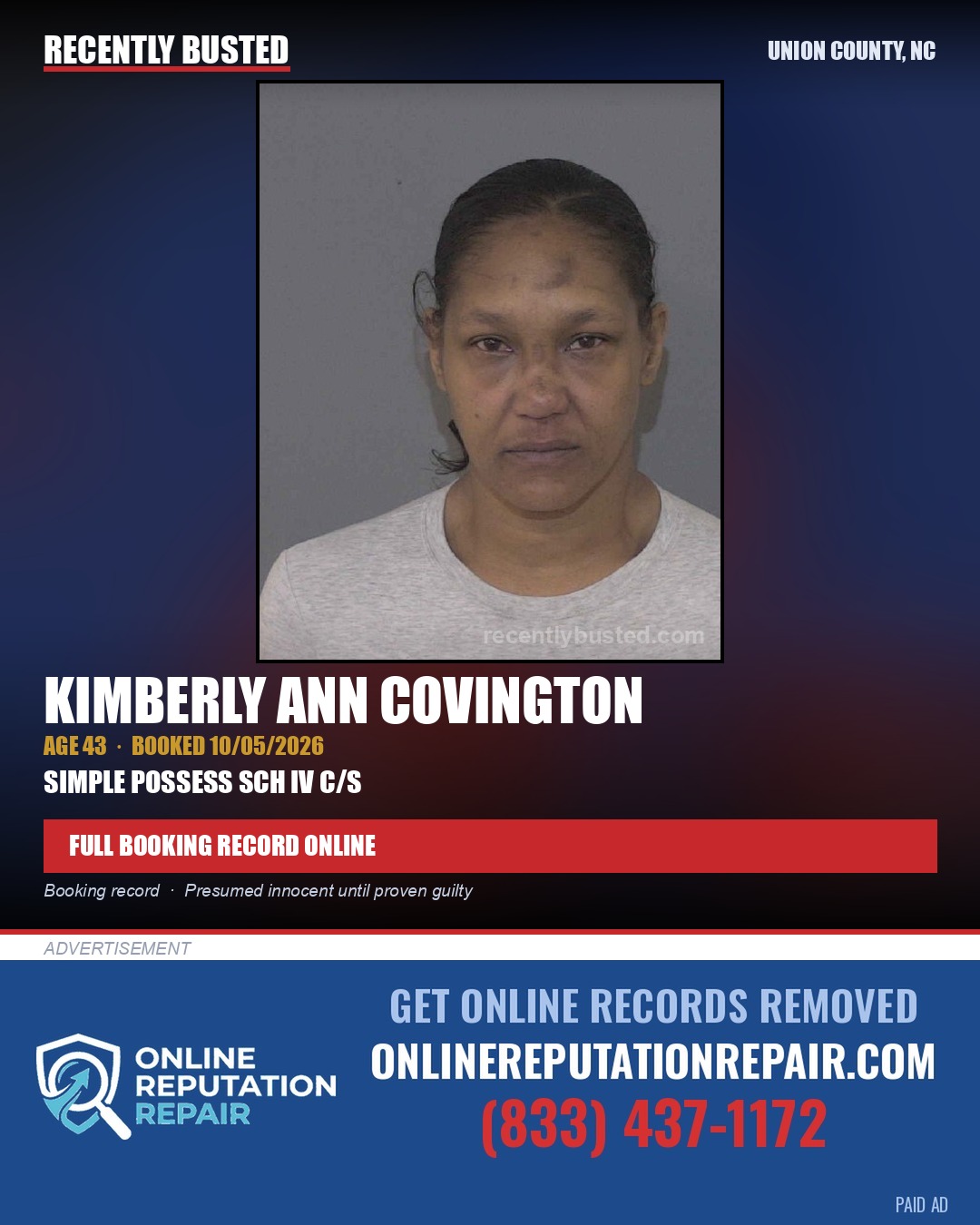 COVINGTON, KIMBERLY ANN — arrest record card, Union County, North Carolina