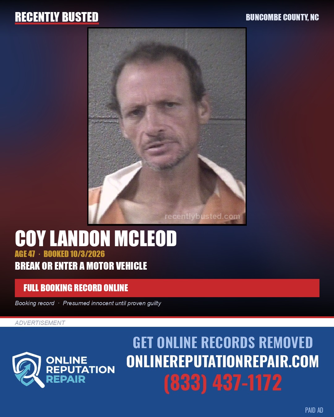 COY LANDON MCLEOD — arrest record card, Buncombe County, North Carolina