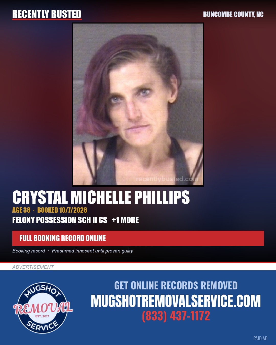 CRYSTAL MICHELLE PHILLIPS — arrest record card, Buncombe County, North Carolina