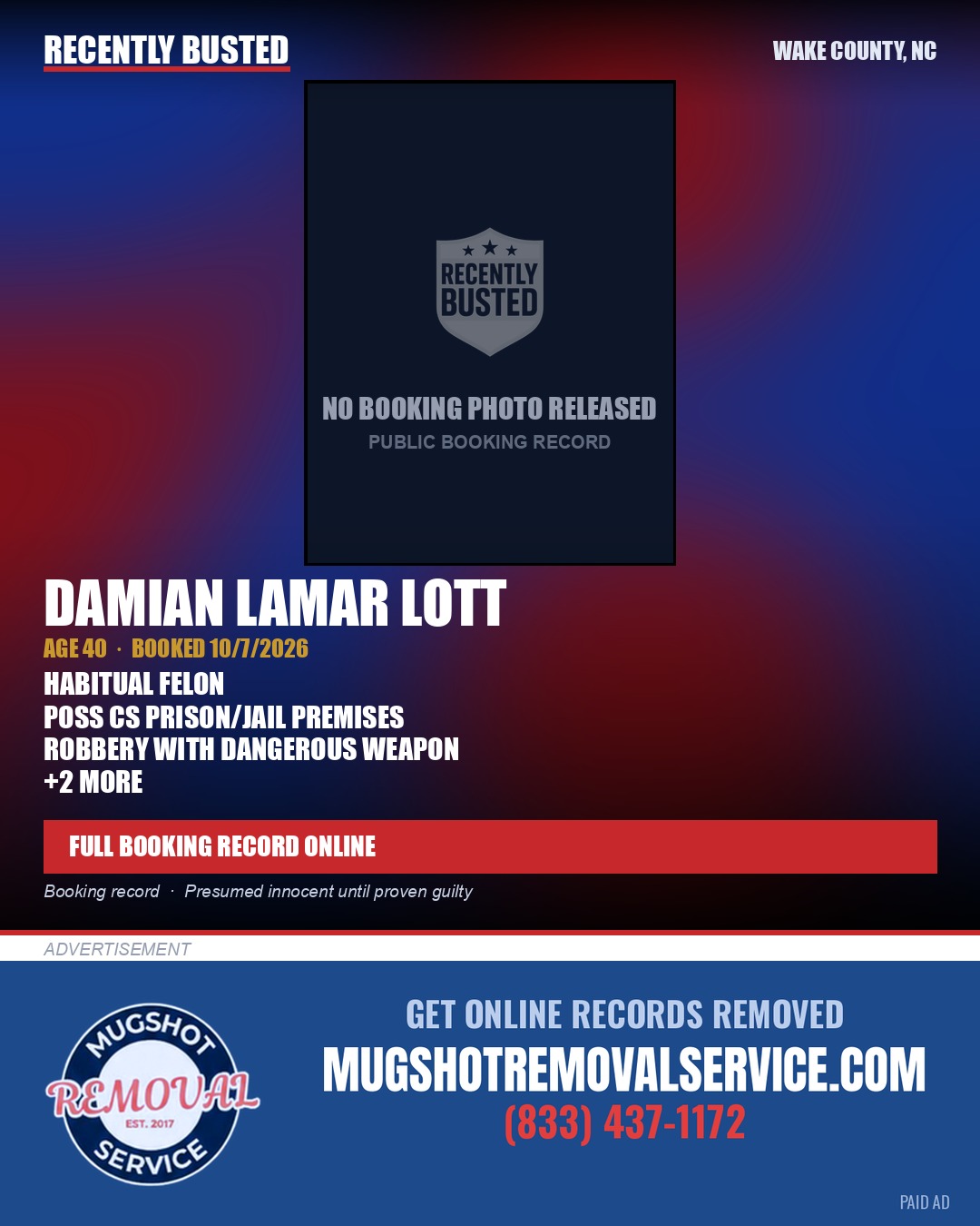 DAMIAN LAMAR LOTT — arrest record card, Wake County, North Carolina