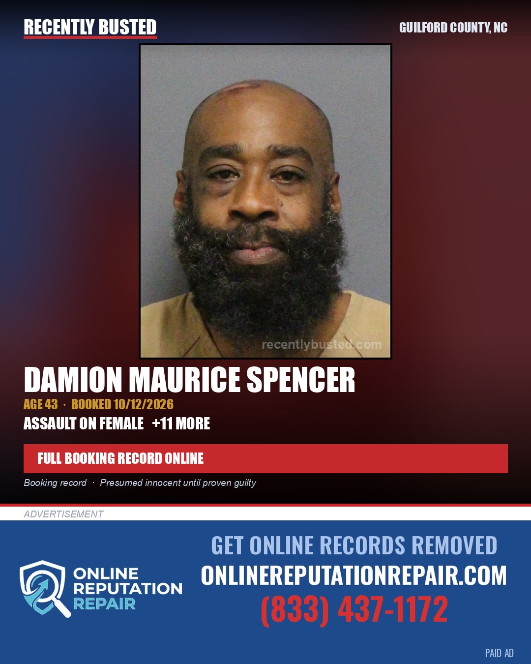 DAMION MAURICE SPENCER — arrest record card, Guilford County, North Carolina