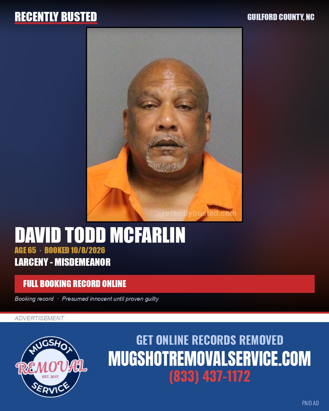 DAVID TODD MCFARLIN — arrest record card, Guilford County, North Carolina