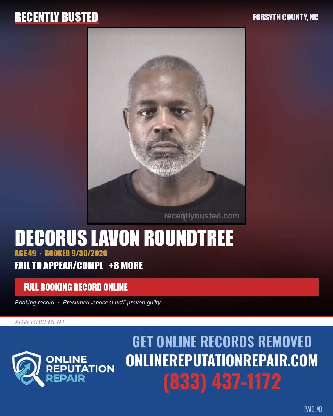 DECORUS LAVON ROUNDTREE — arrest record card, Forsyth County, North Carolina