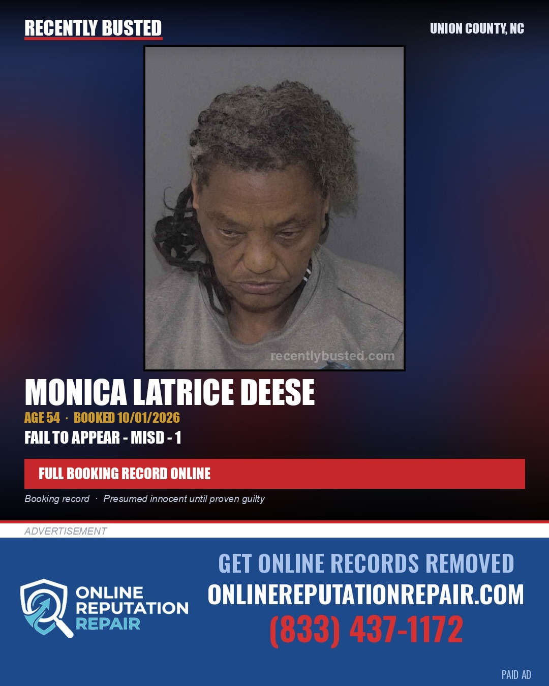 DEESE, MONICA LATRICE — arrest record card, Union County, North Carolina
