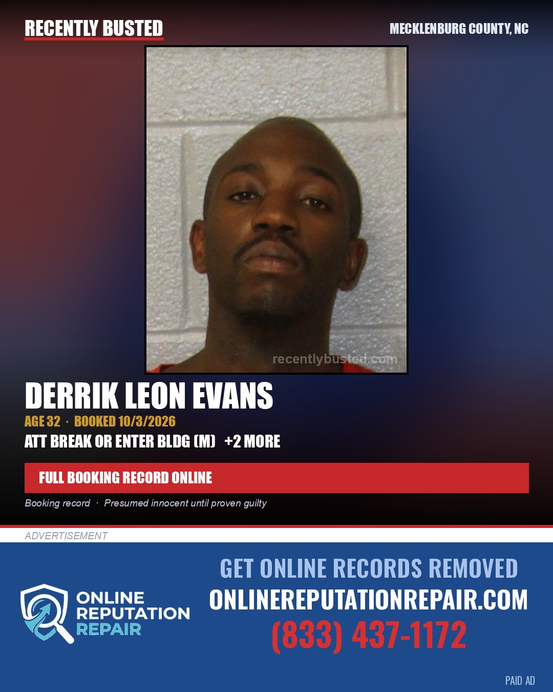 DERRIK LEON EVANS — arrest record card, Mecklenburg County, North Carolina
