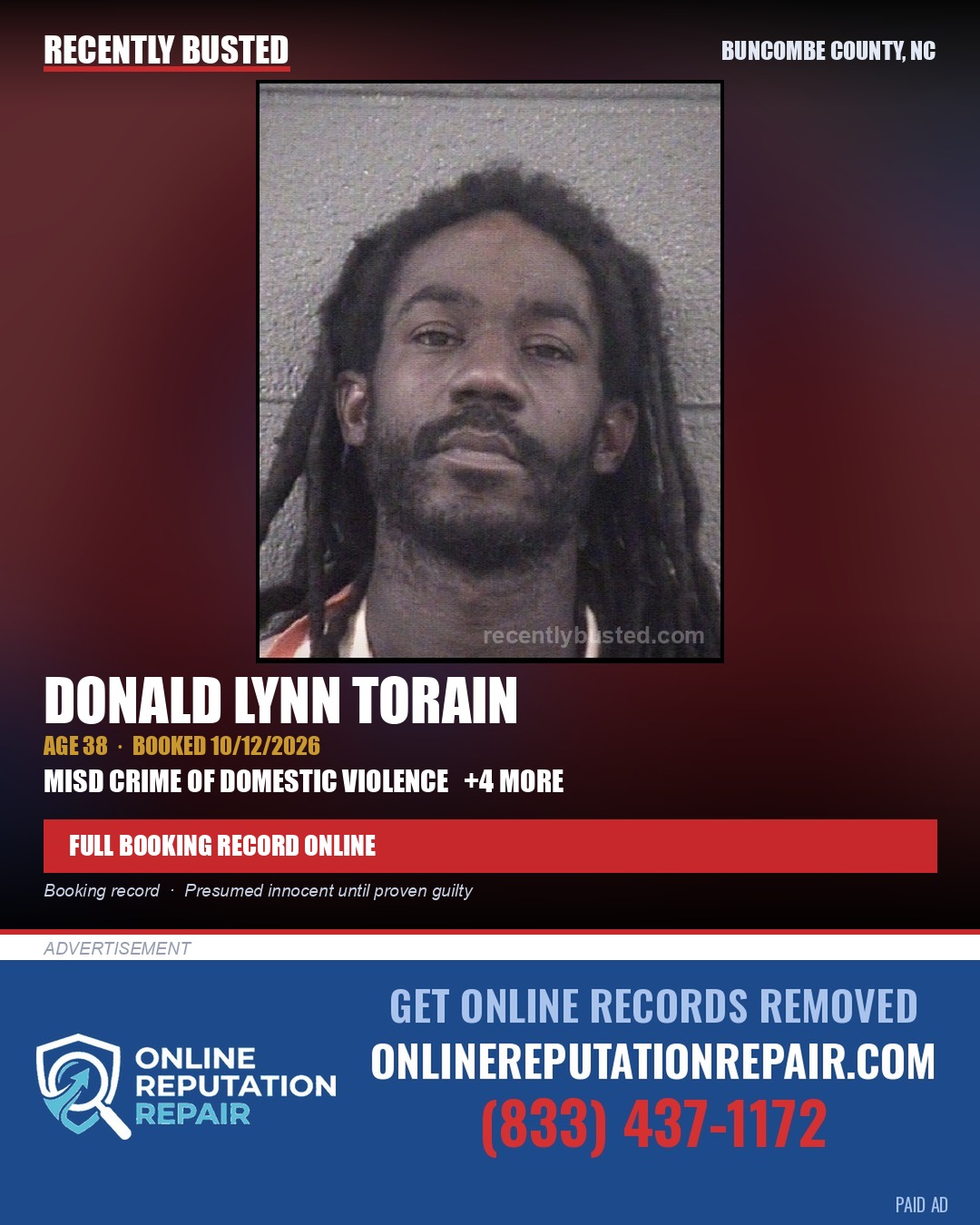 DONALD LYNN TORAIN — arrest record card, Buncombe County, North Carolina