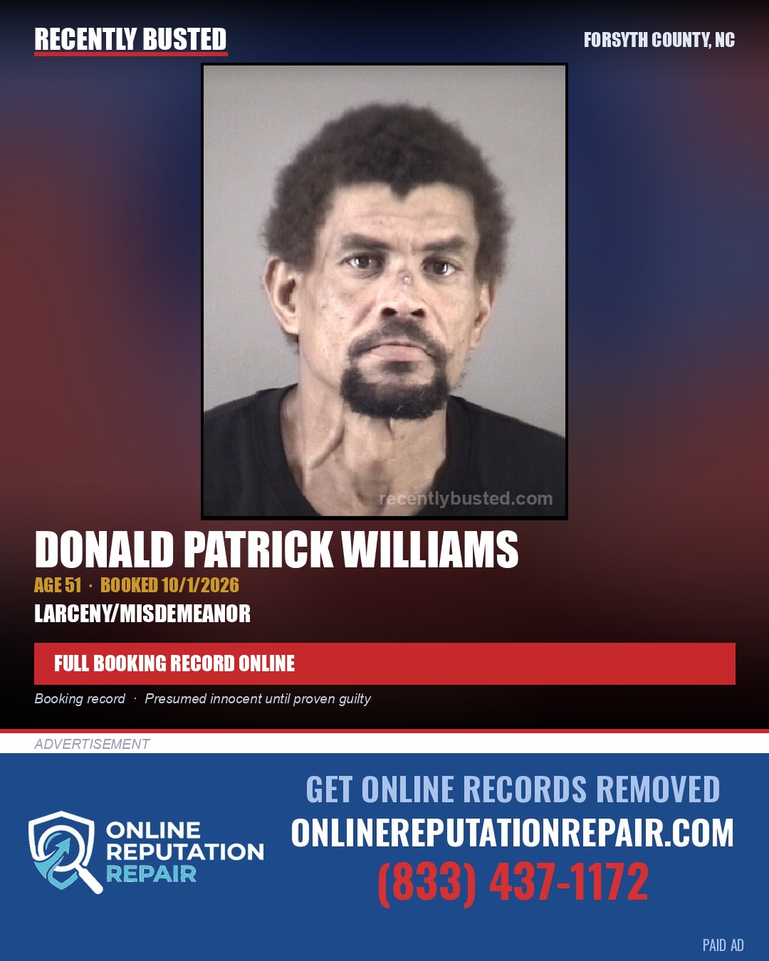 DONALD PATRICK WILLIAMS — arrest record card, Forsyth County, North Carolina