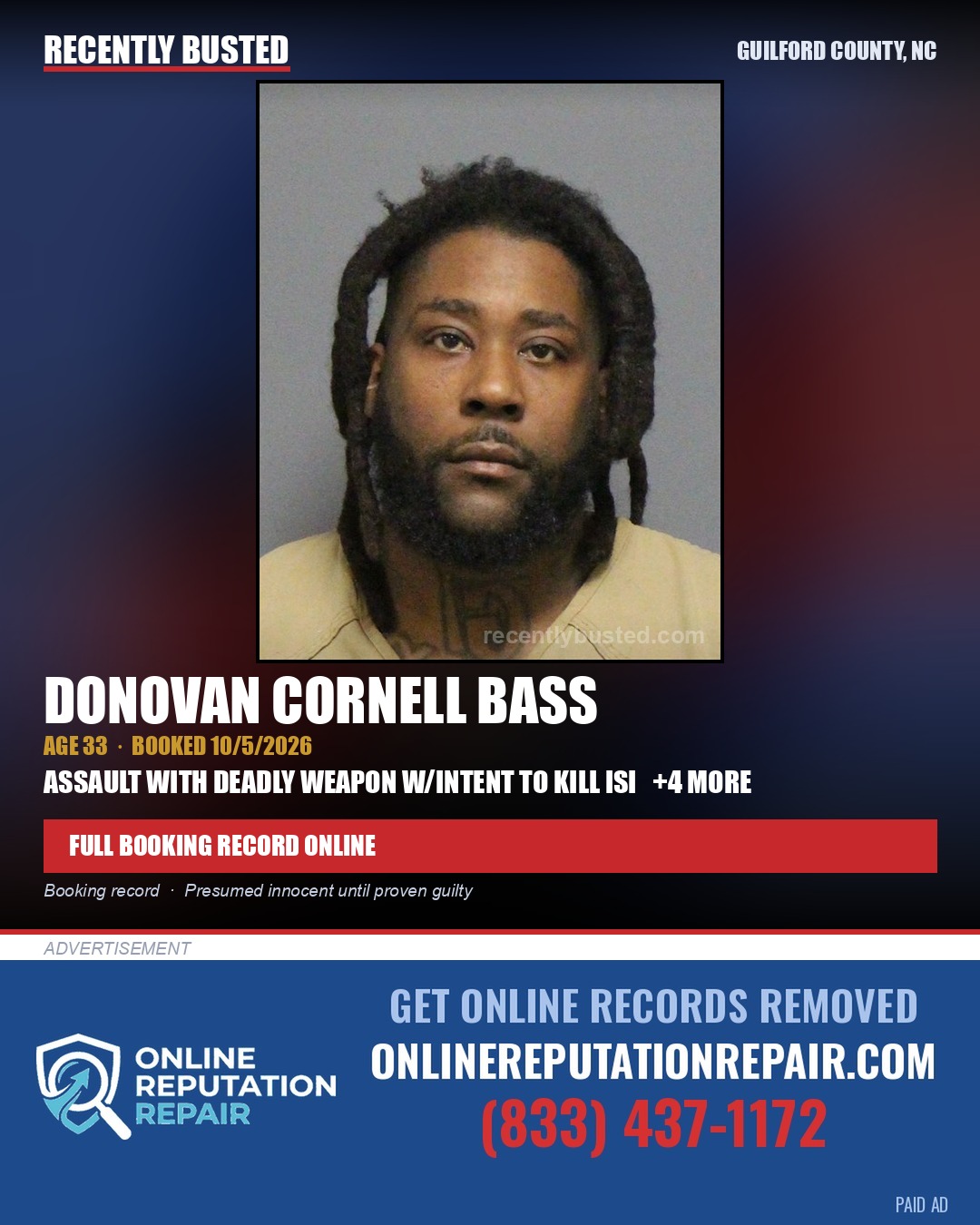 DONOVAN CORNELL BASS — arrest record card, Guilford County, North Carolina