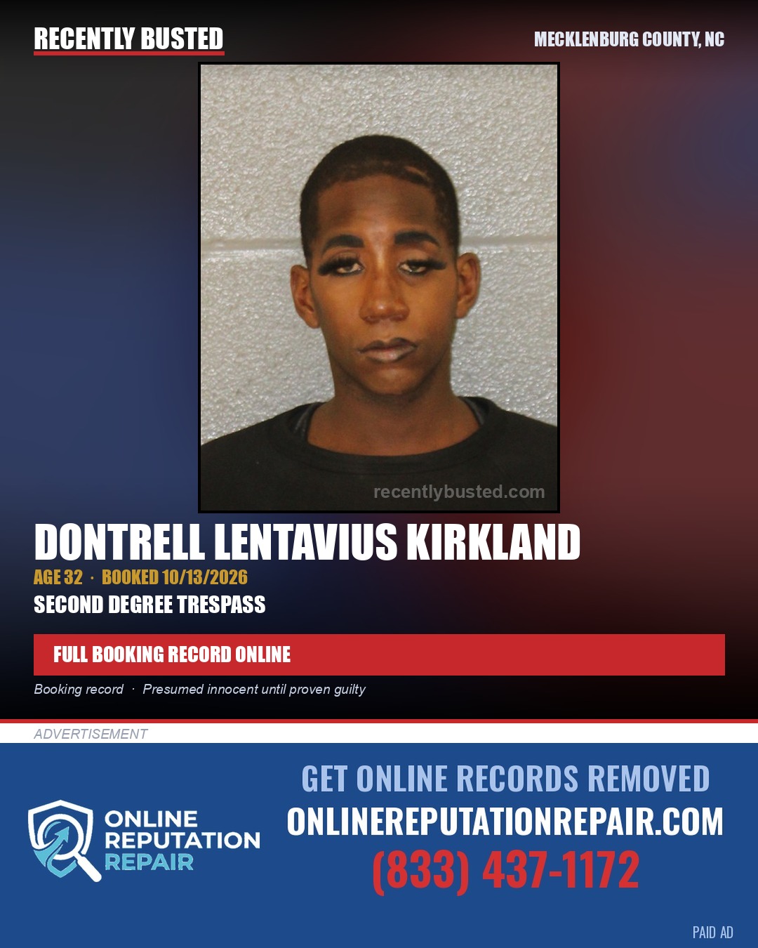 DONTRELL LENTAVIUS KIRKLAND — arrest record card, Mecklenburg County, North Carolina