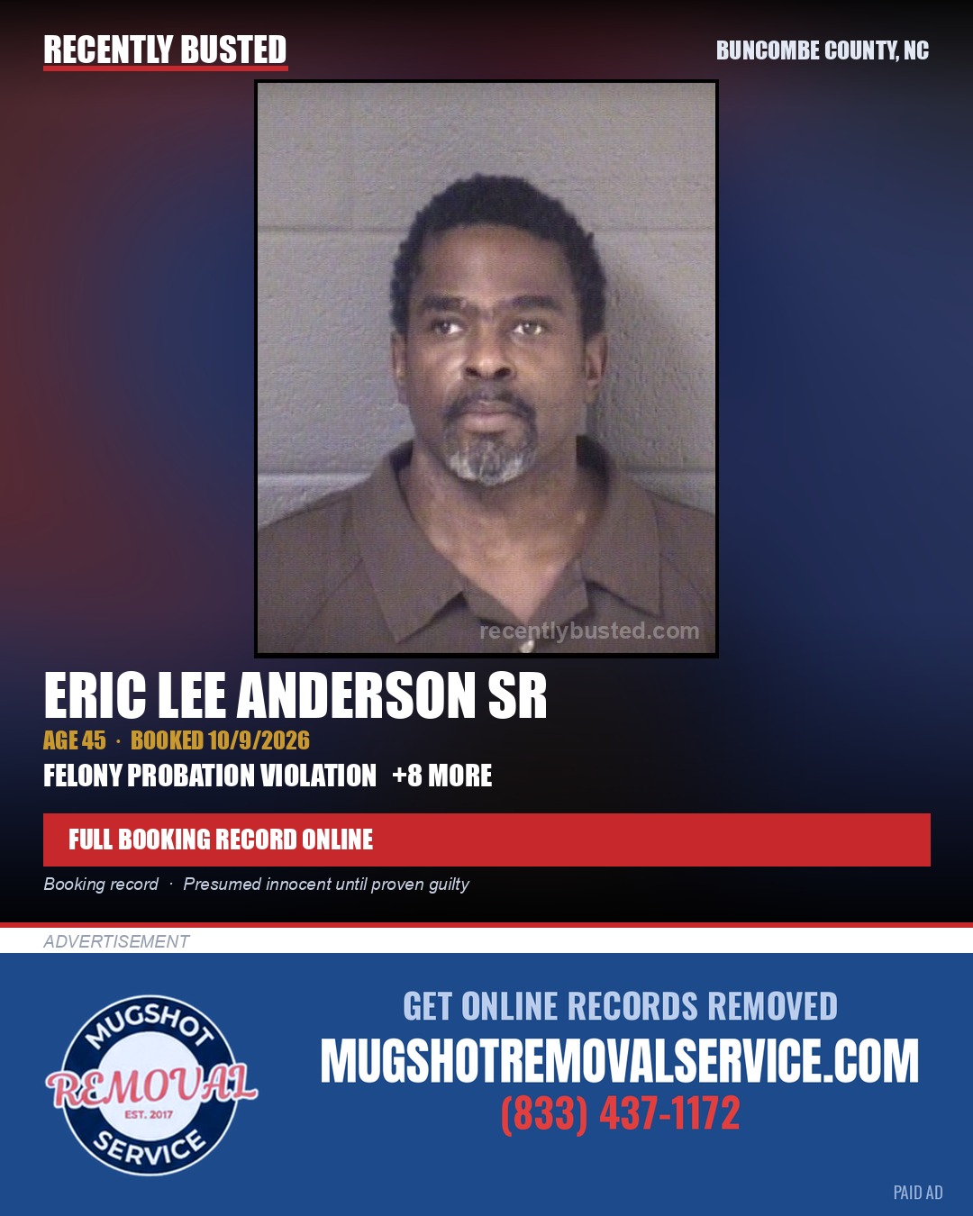 ERIC LEE ANDERSON SR — arrest record card, Buncombe County, North Carolina