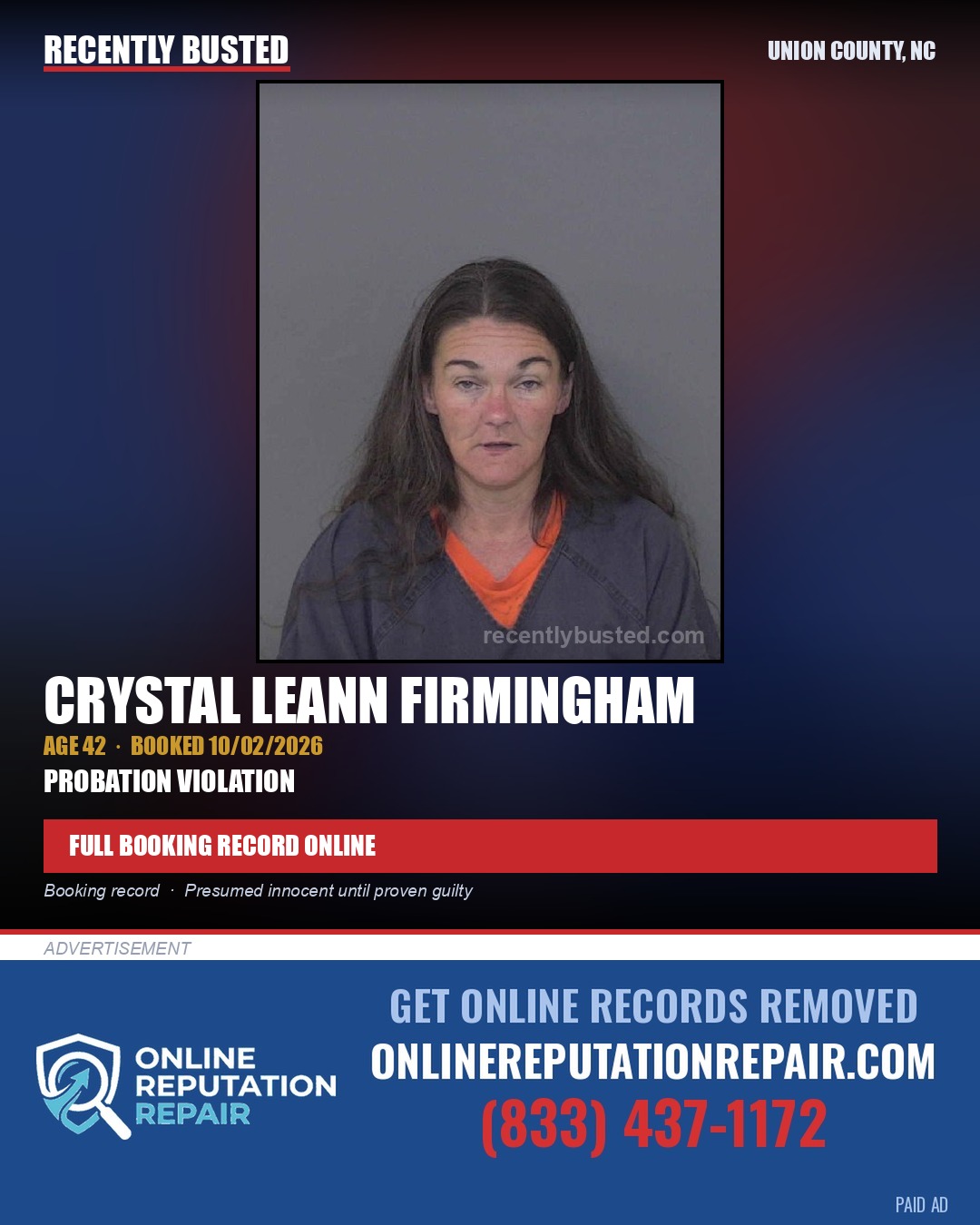 FIRMINGHAM, CRYSTAL LEANN — arrest record card, Union County, North Carolina