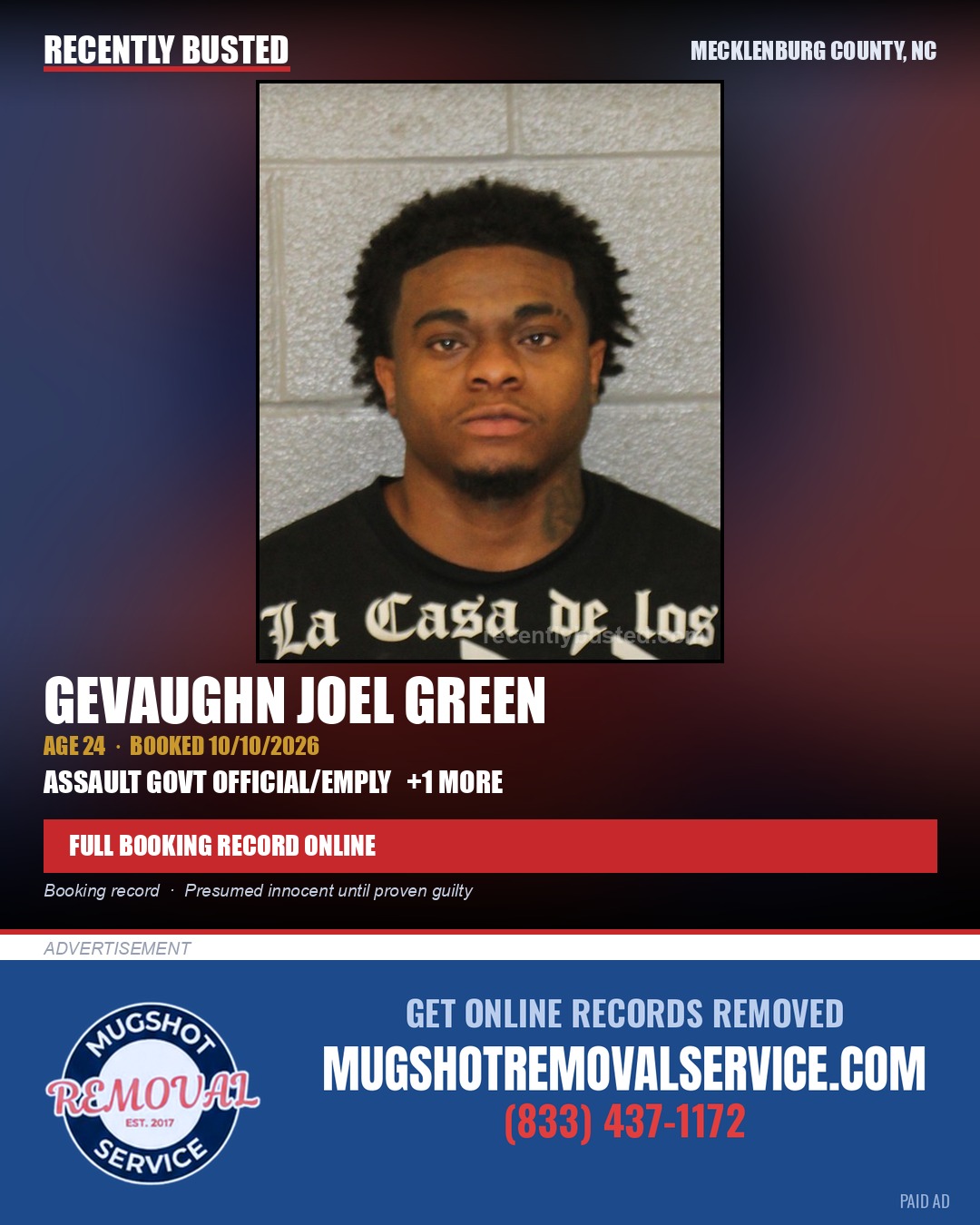 GEVAUGHN JOEL GREEN — arrest record card, Mecklenburg County, North Carolina