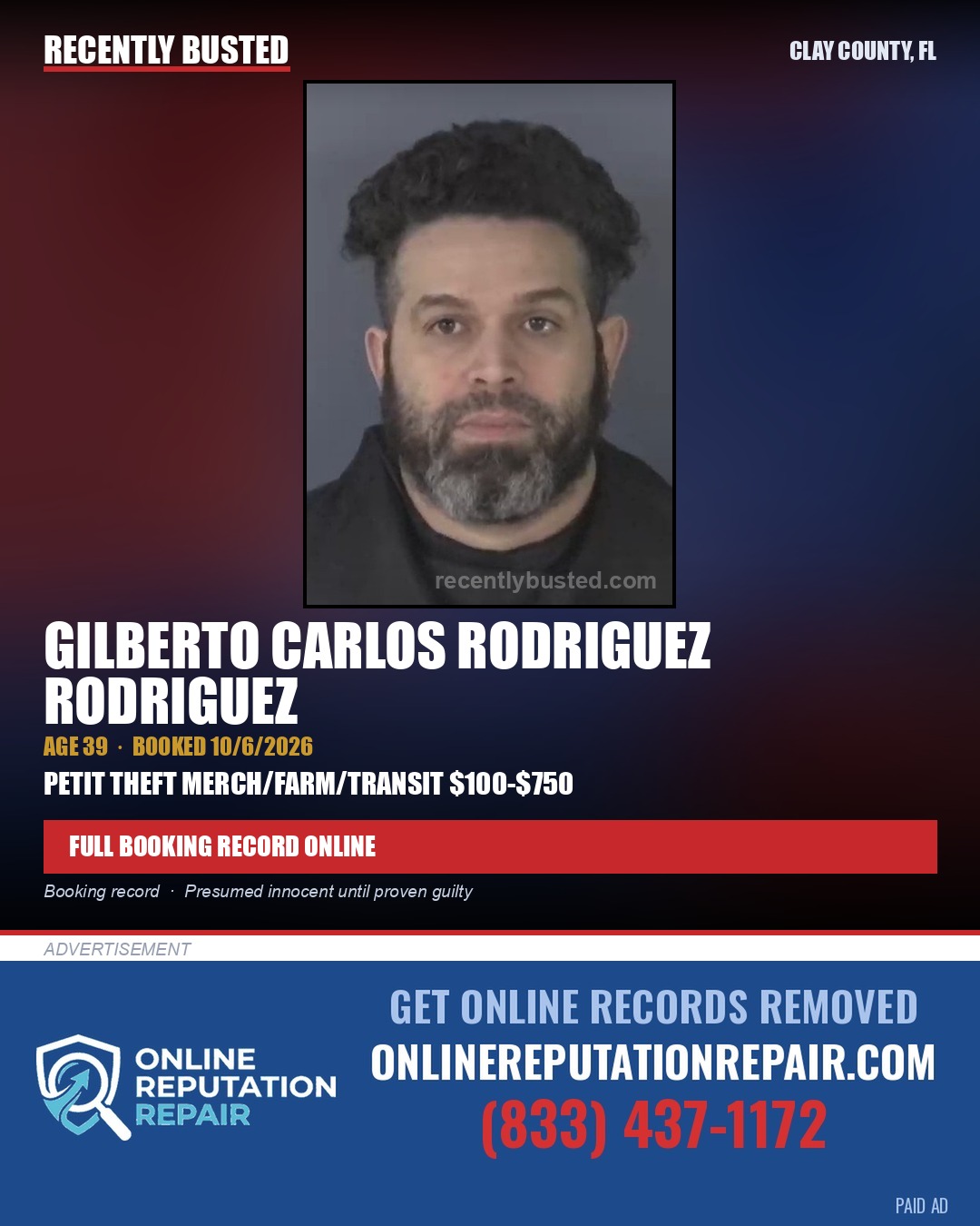 GILBERTO CARLOS RODRIGUEZ RODRIGUEZ — arrest record card, Clay County, Florida