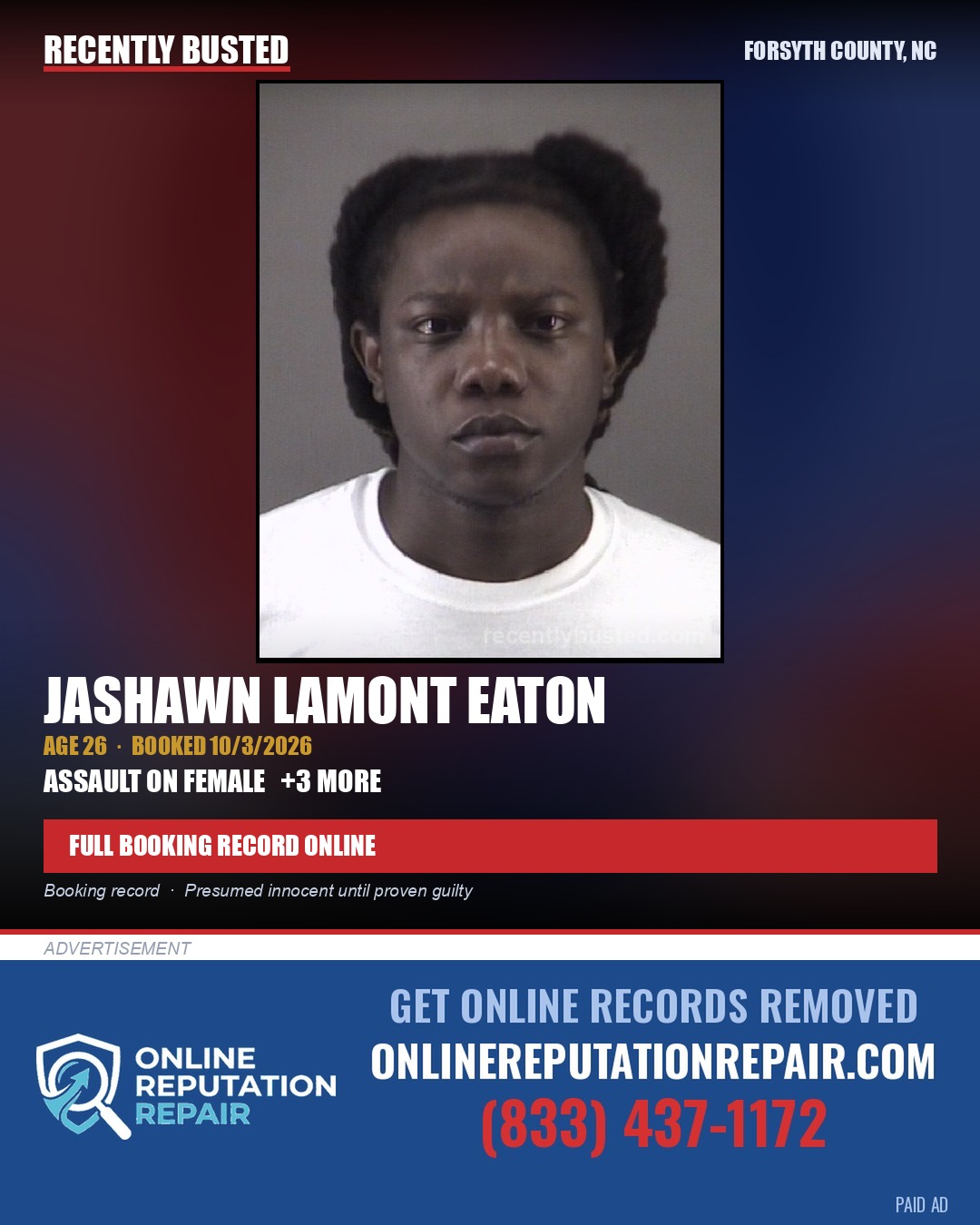 JASHAWN LAMONT EATON — arrest record card, Forsyth County, North Carolina
