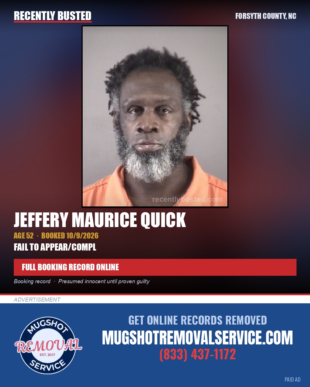 JEFFERY MAURICE QUICK — arrest record card, Forsyth County, North Carolina