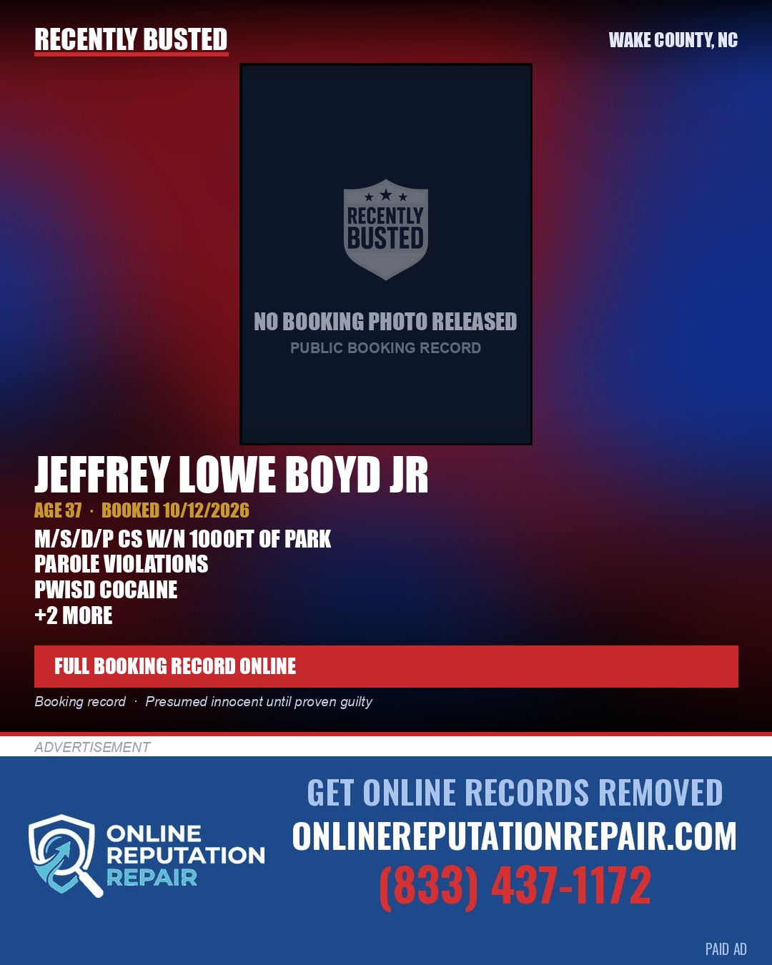 JEFFREY LOWE BOYD JR — arrest record card, Wake County, North Carolina