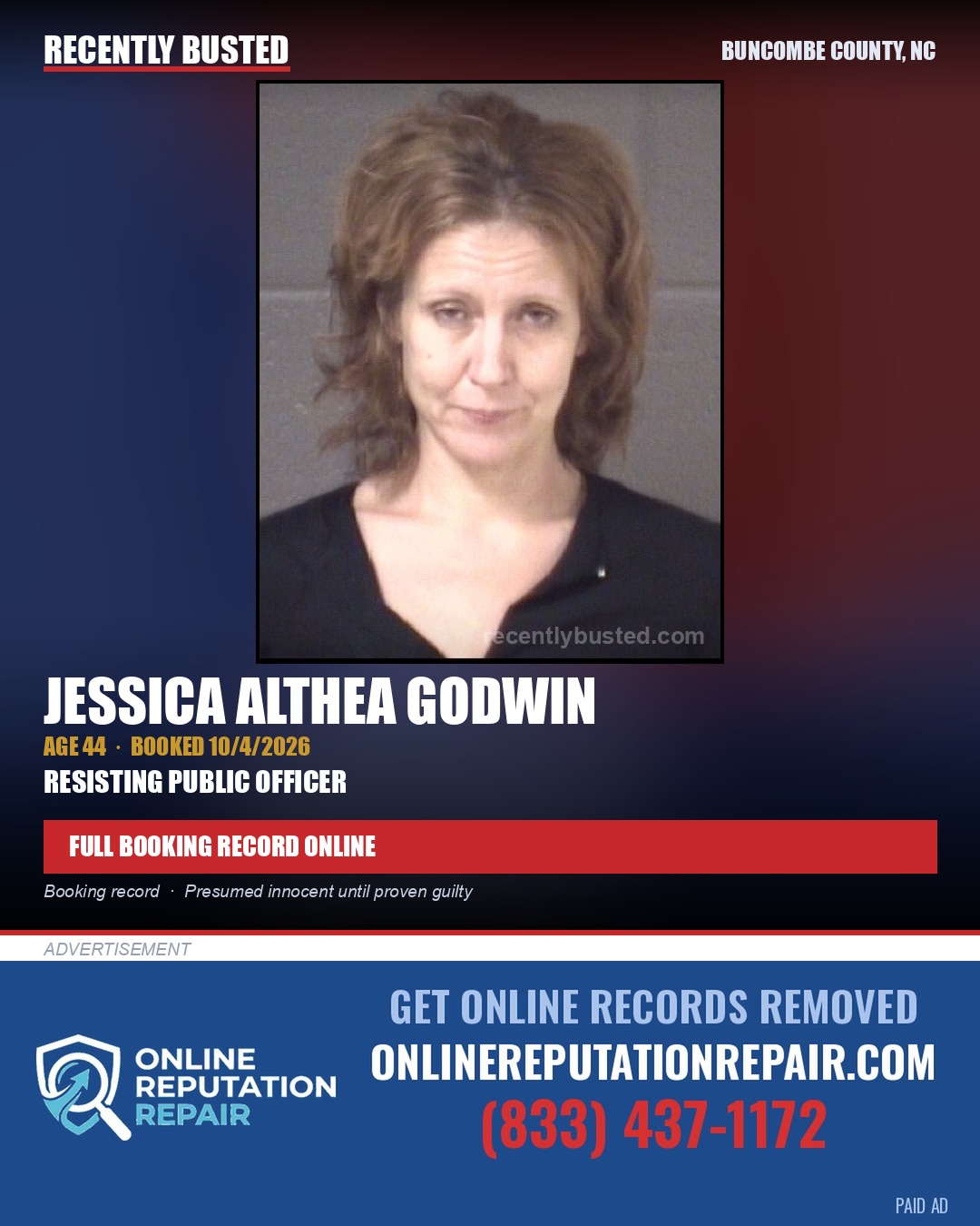 JESSICA ALTHEA GODWIN — arrest record card, Buncombe County, North Carolina