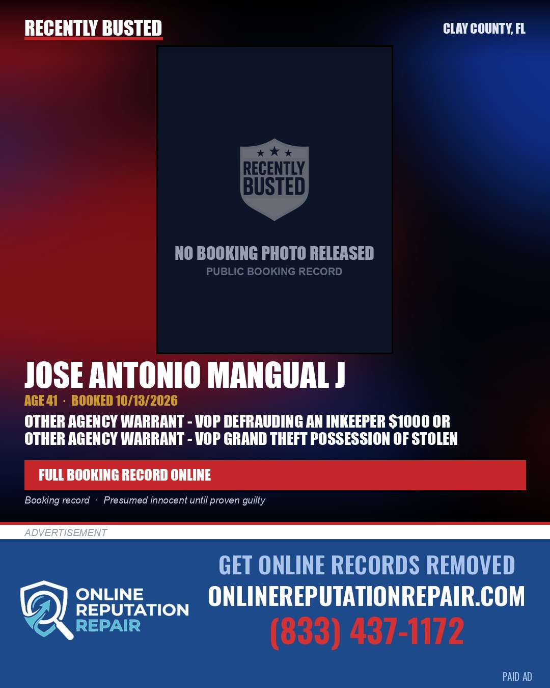 JOSE ANTONIO MANGUAL J — arrest record card, Clay County, Florida