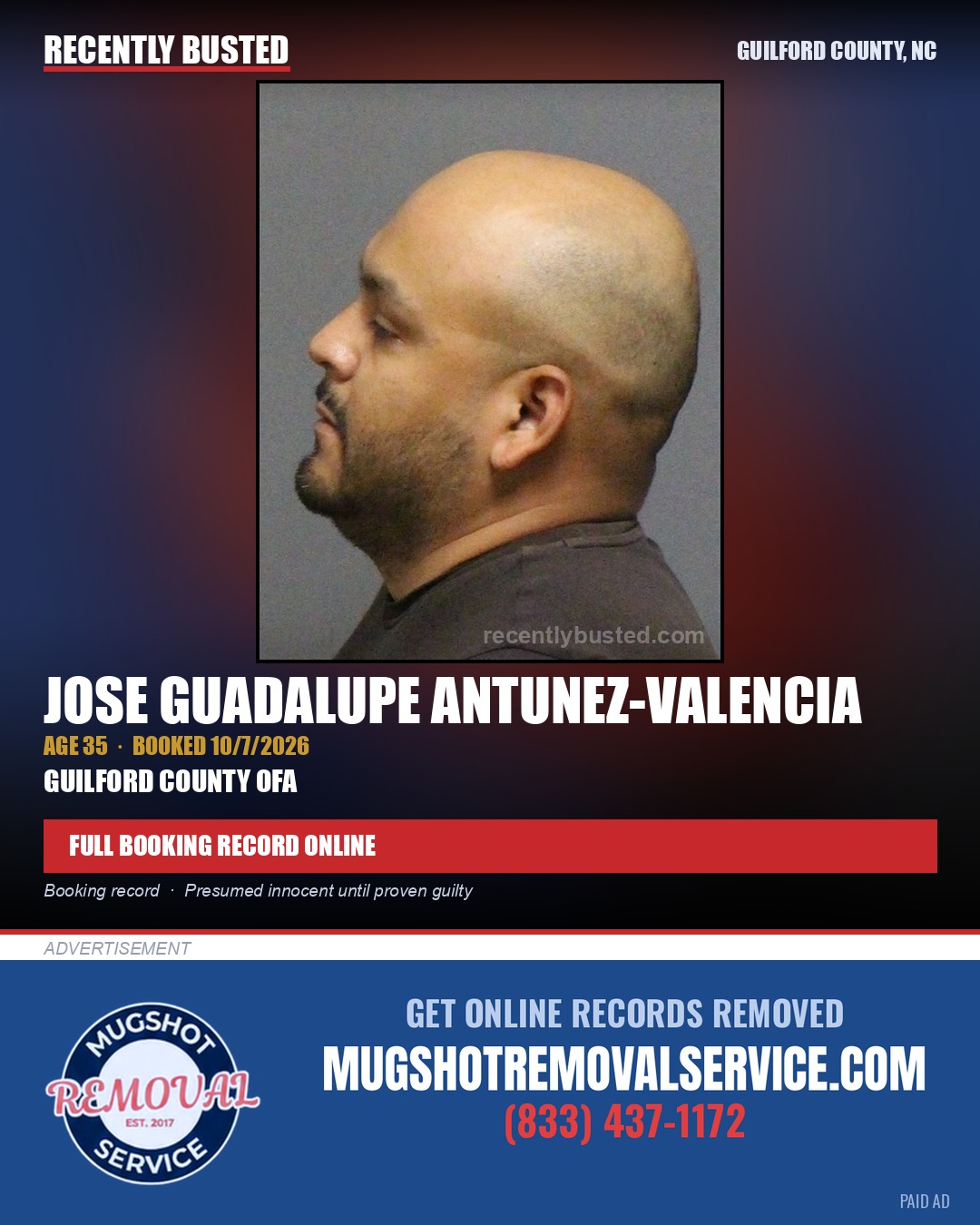 JOSE GUADALUPE ANTUNEZ-VALENCIA — arrest record card, Guilford County, North Carolina