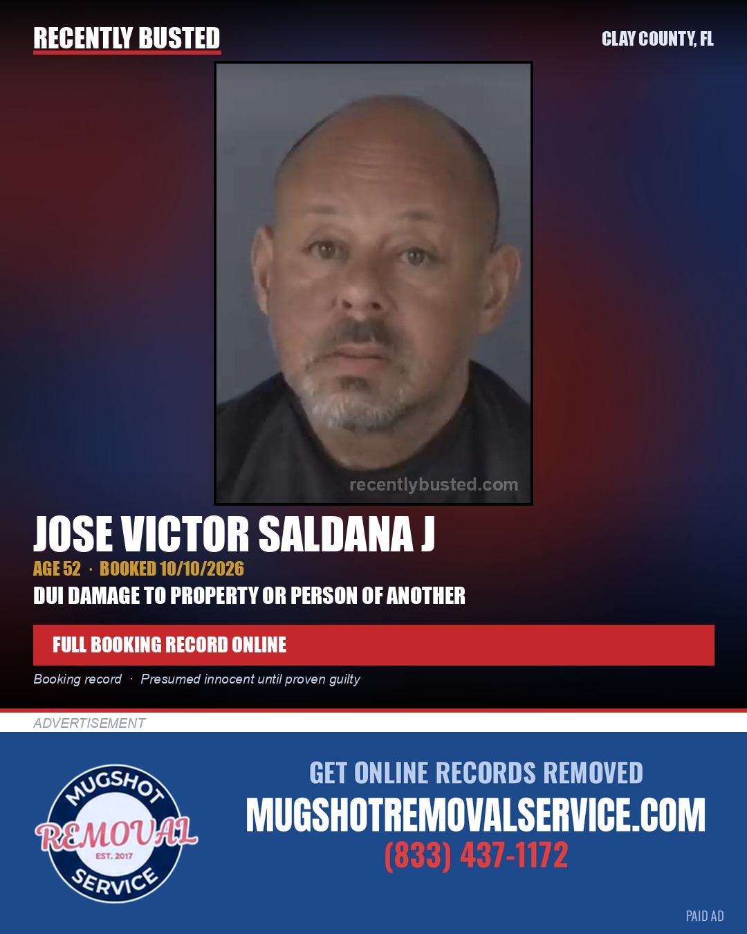 JOSE VICTOR SALDANA J — arrest record card, Clay County, Florida