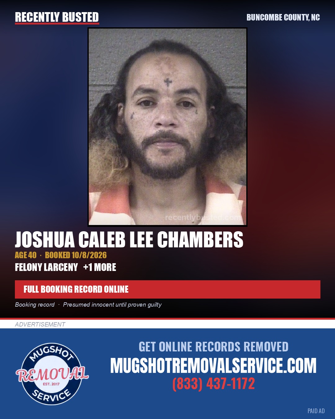 JOSHUA CALEB LEE CHAMBERS — arrest record card, Buncombe County, North Carolina