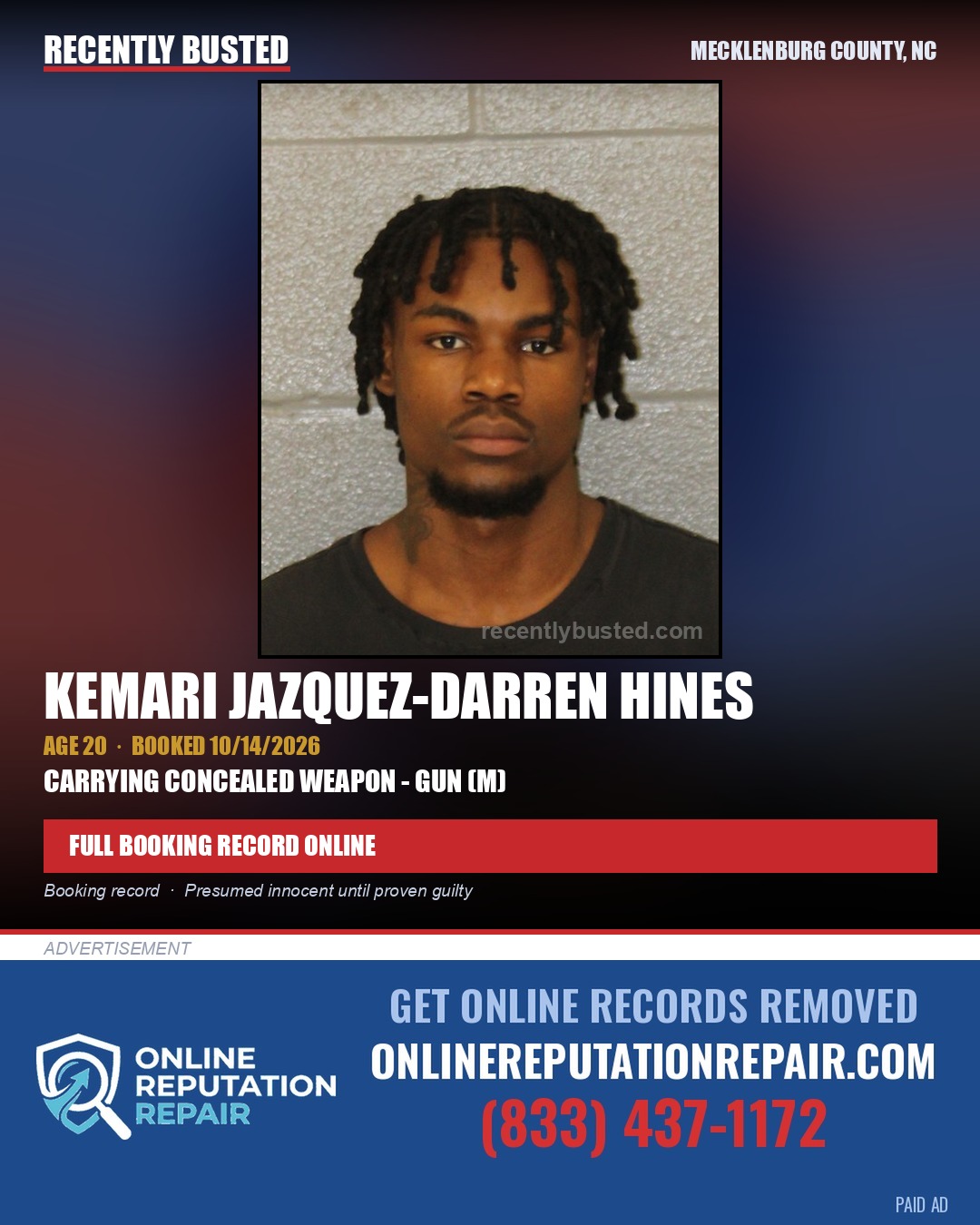 KEMARI JAZQUEZ-DARREN HINES — arrest record card, Mecklenburg County, North Carolina