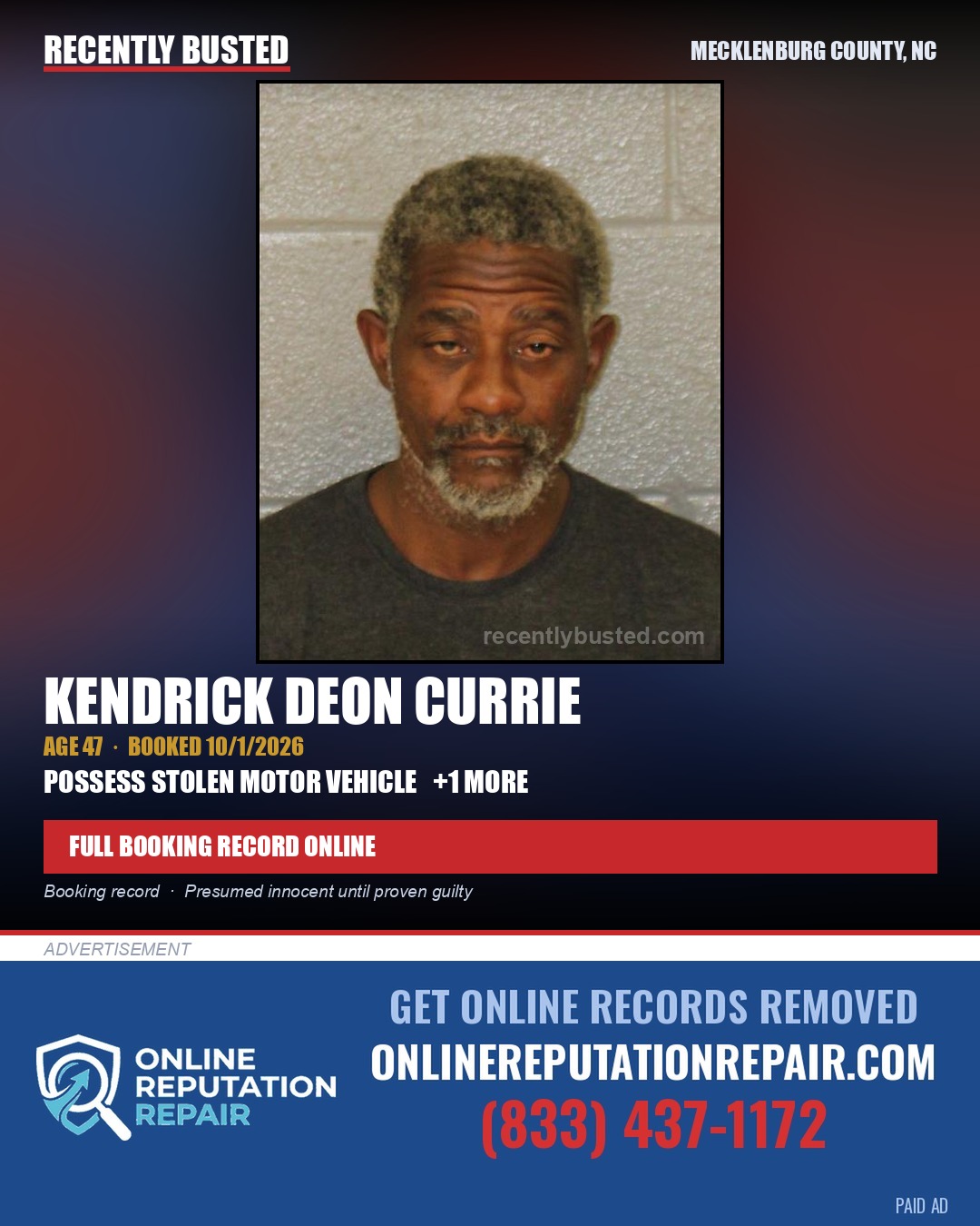 KENDRICK DEON CURRIE — arrest record card, Mecklenburg County, North Carolina