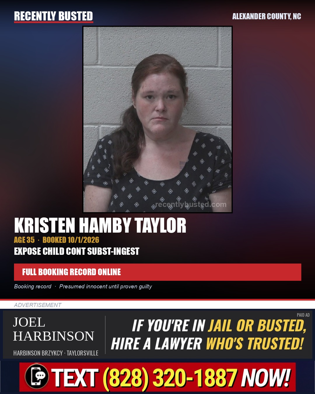 KRISTEN HAMBY TAYLOR — arrest record card, Alexander County, North Carolina
