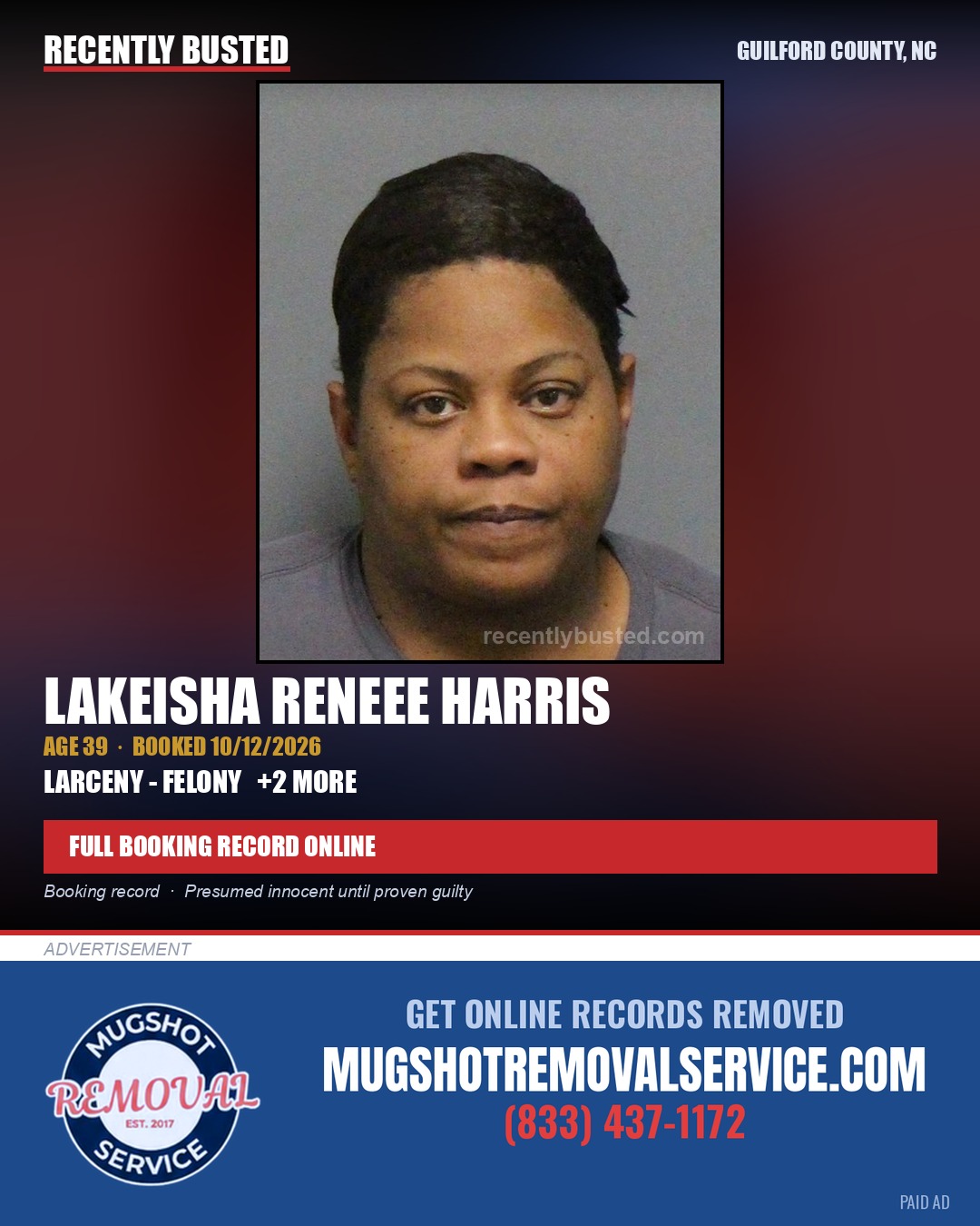 LAKEISHA RENEEE HARRIS — arrest record card, Guilford County, North Carolina