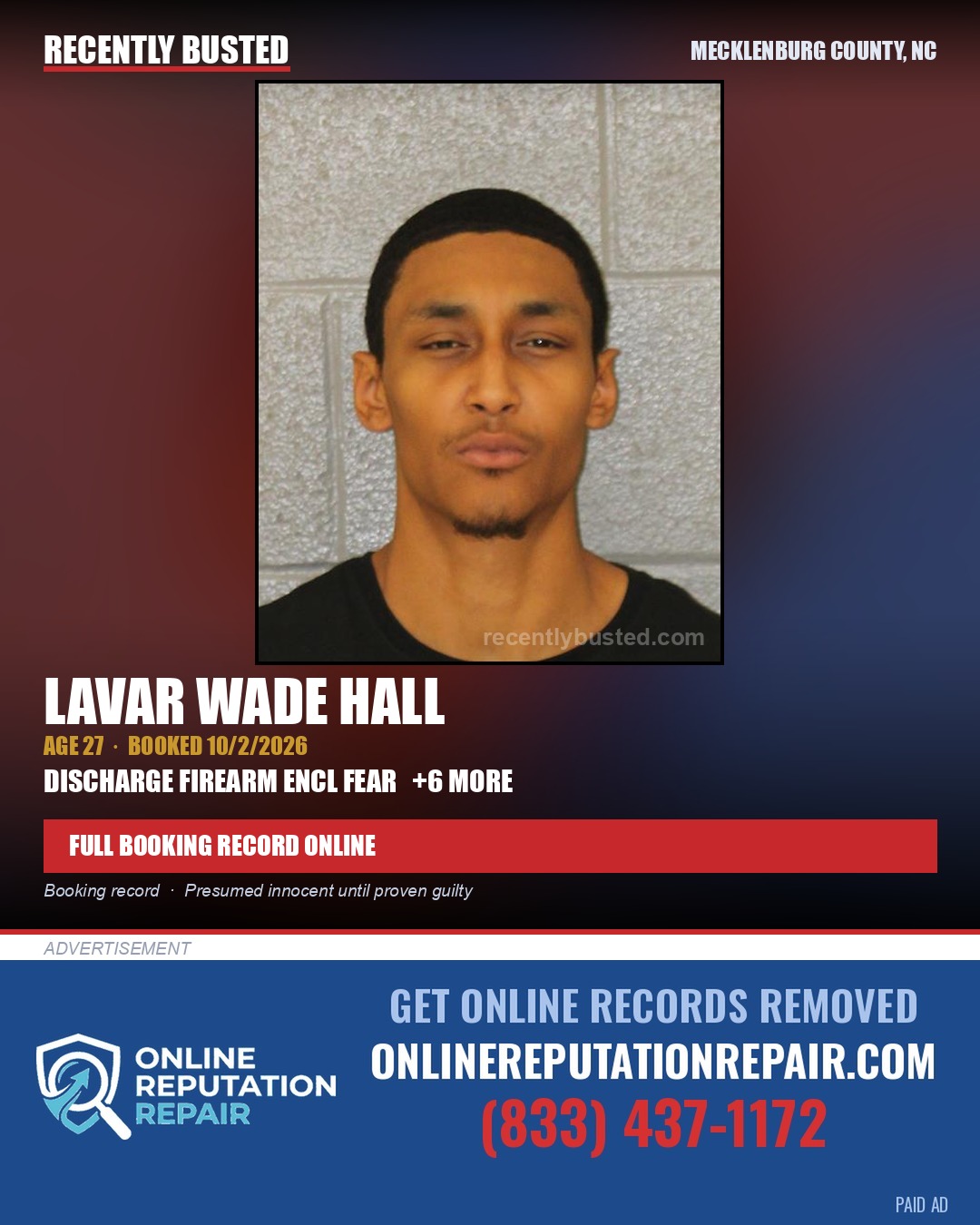 LAVAR WADE HALL — arrest record card, Mecklenburg County, North Carolina
