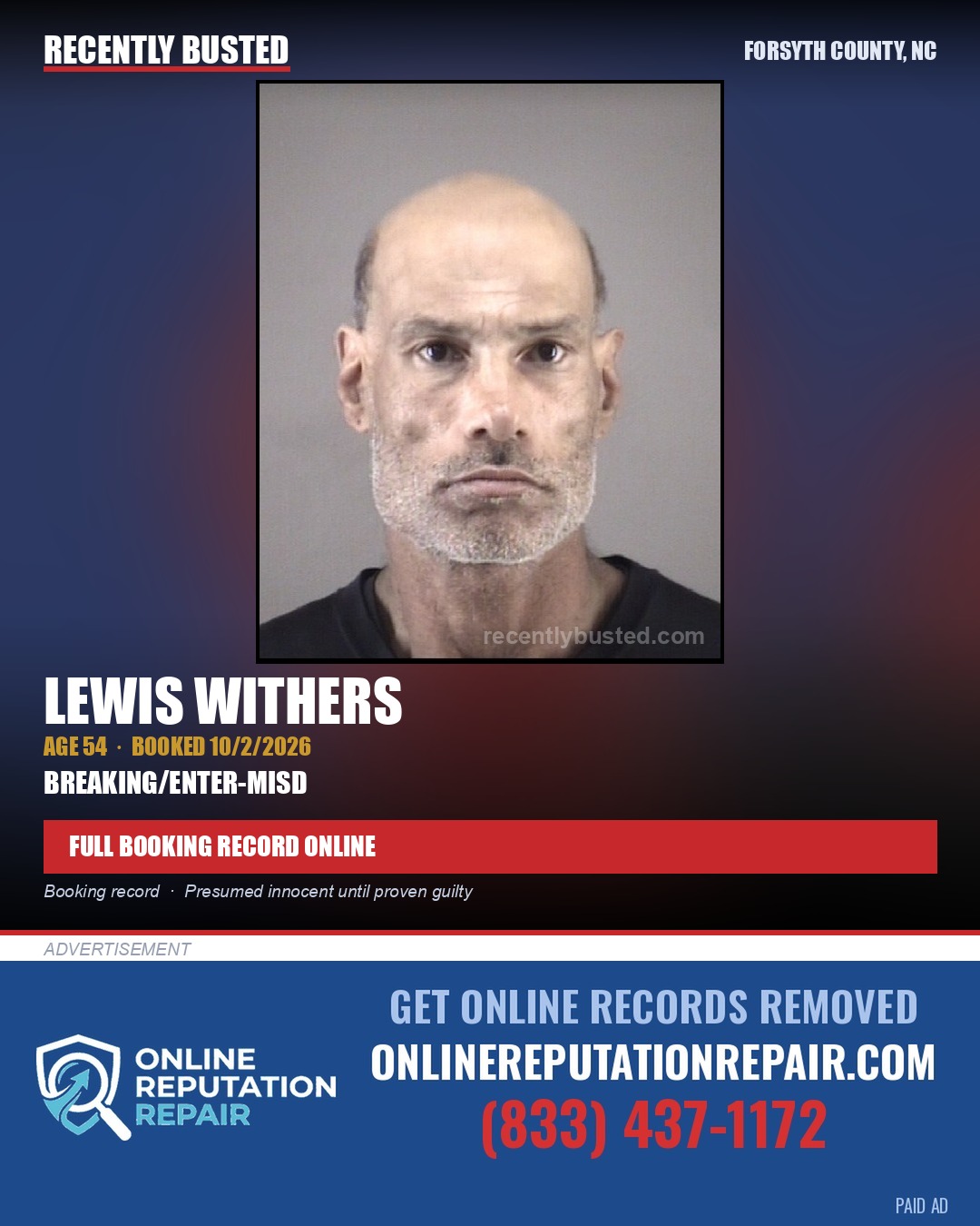 LEWIS WITHERS — arrest record card, Forsyth County, North Carolina