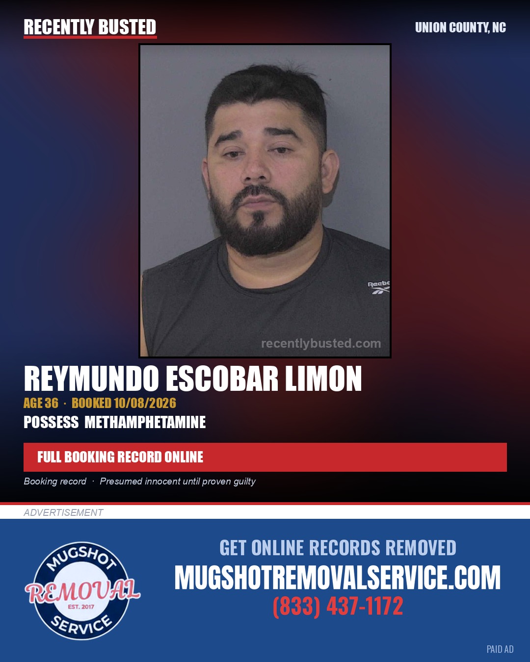 LIMON, REYMUNDO ESCOBAR — arrest record card, Union County, North Carolina