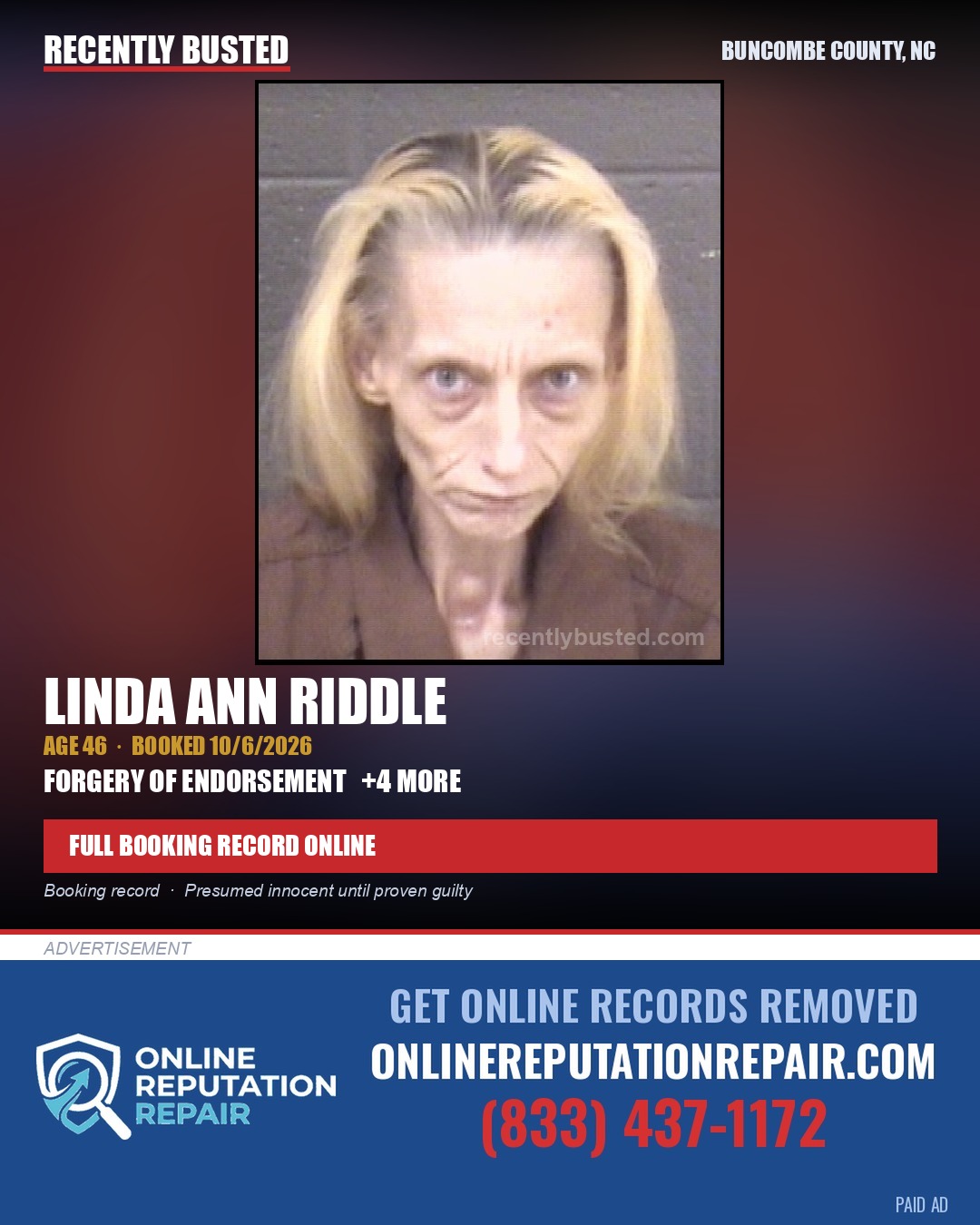 LINDA ANN RIDDLE — arrest record card, Buncombe County, North Carolina