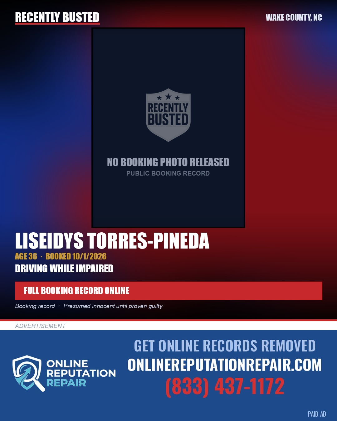 LISEIDYS TORRES-PINEDA — arrest record card, Wake County, North Carolina