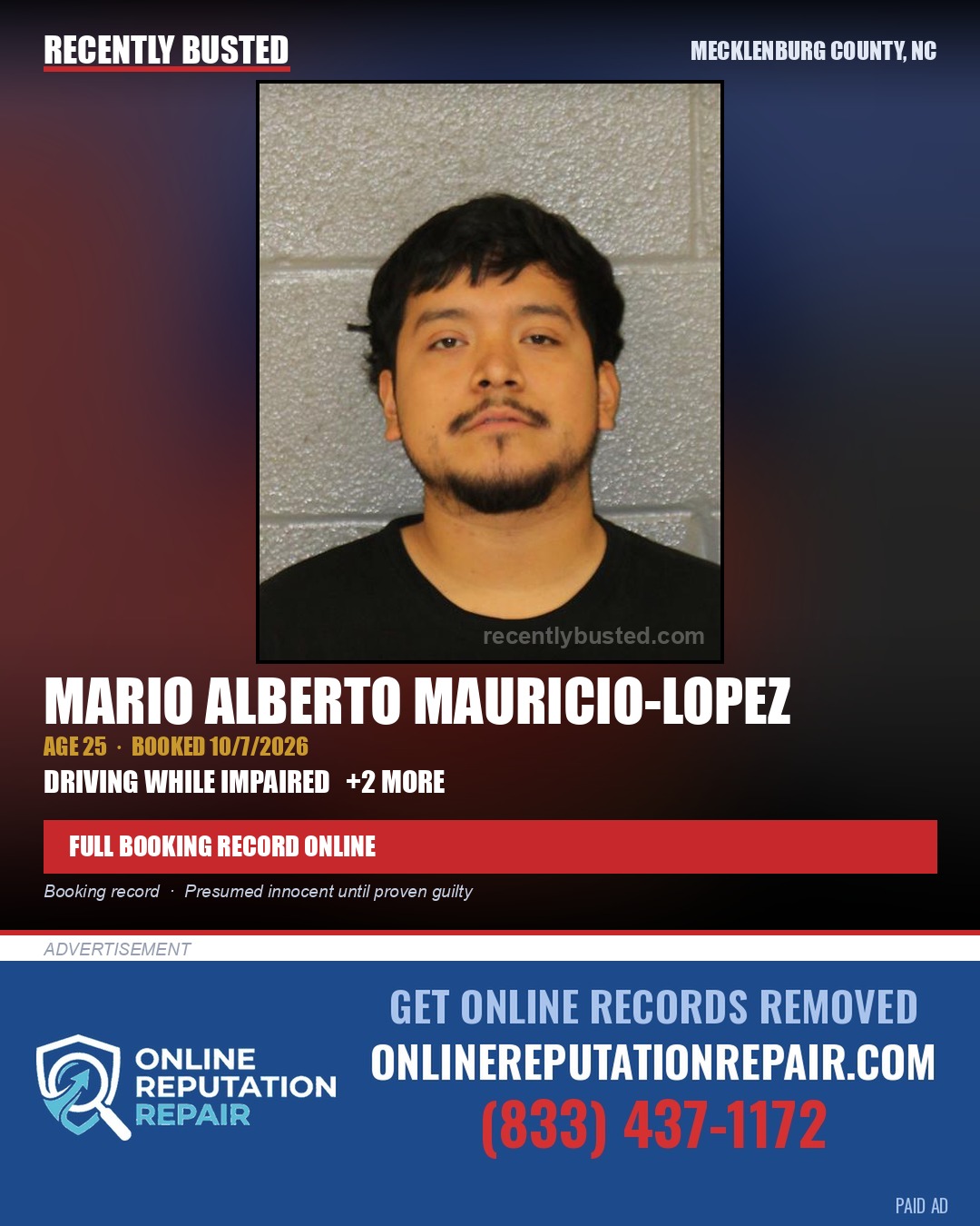 MARIO ALBERTO MAURICIO-LOPEZ — arrest record card, Mecklenburg County, North Carolina