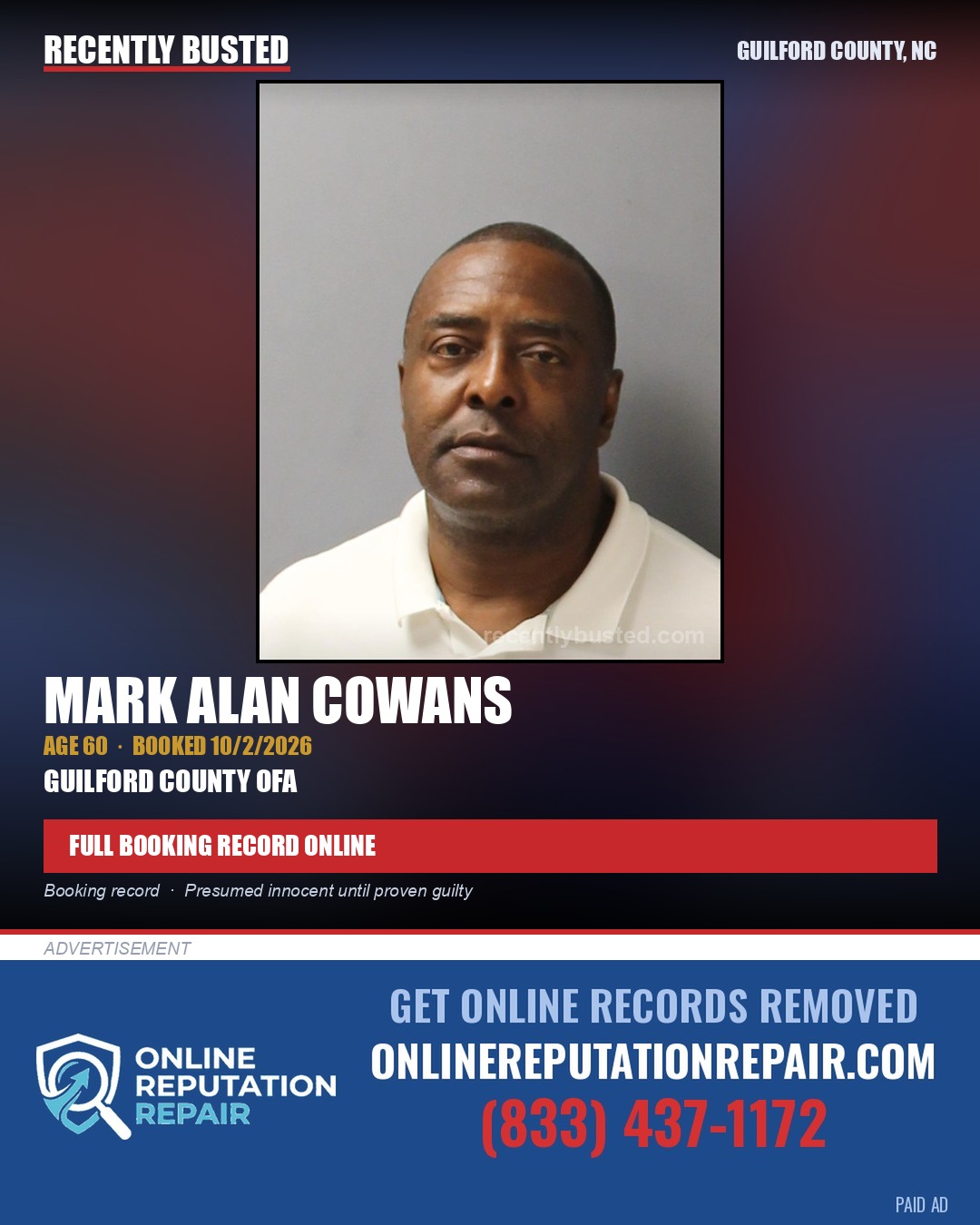 MARK ALAN COWANS — arrest record card, Guilford County, North Carolina
