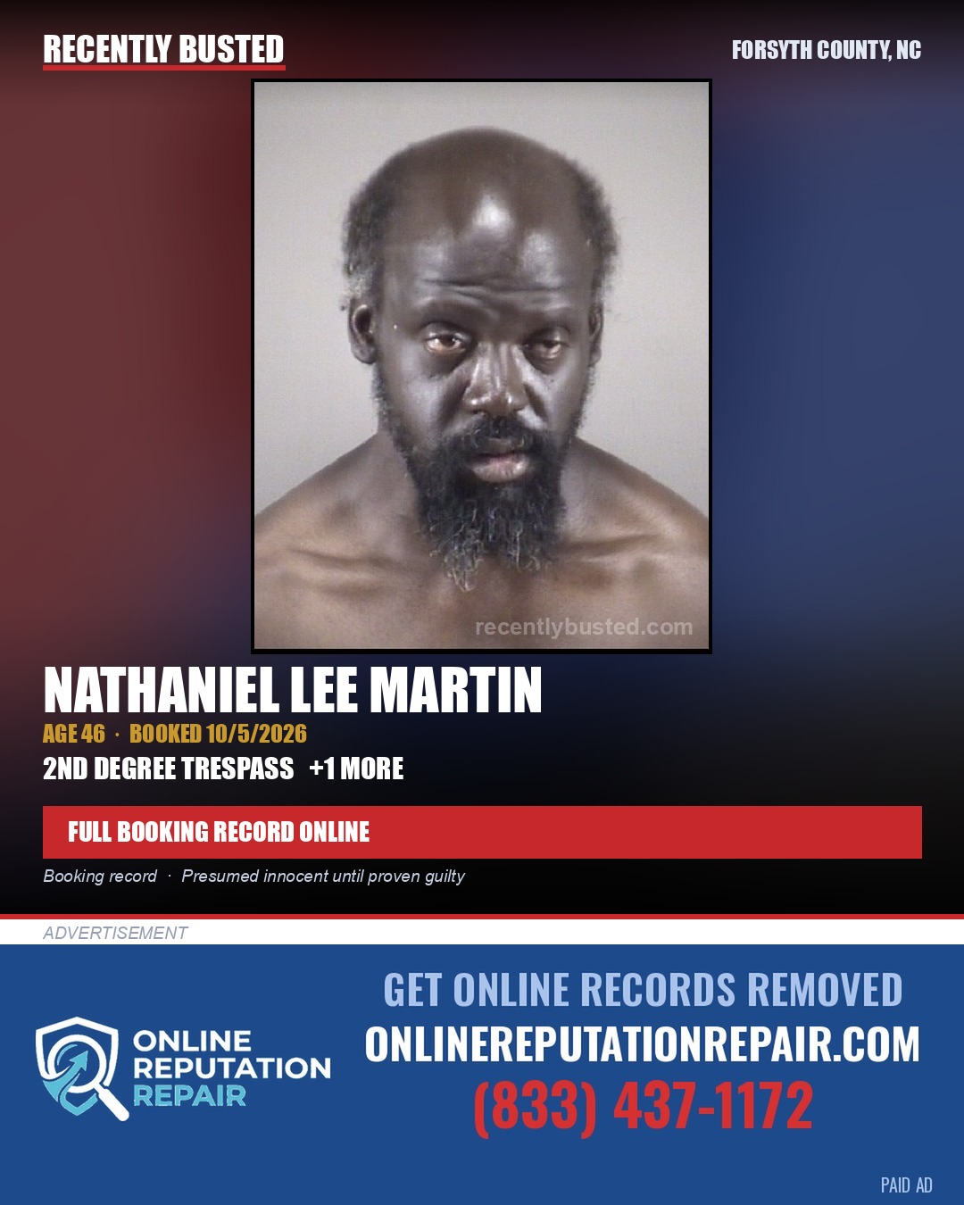 NATHANIEL LEE MARTIN — arrest record card, Forsyth County, North Carolina