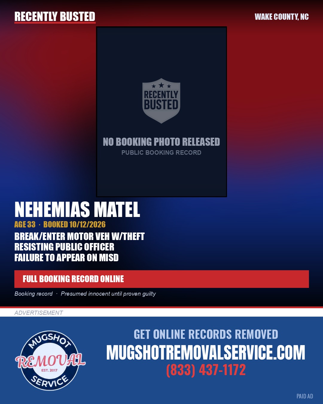 NEHEMIAS MATEL — arrest record card, Wake County, North Carolina